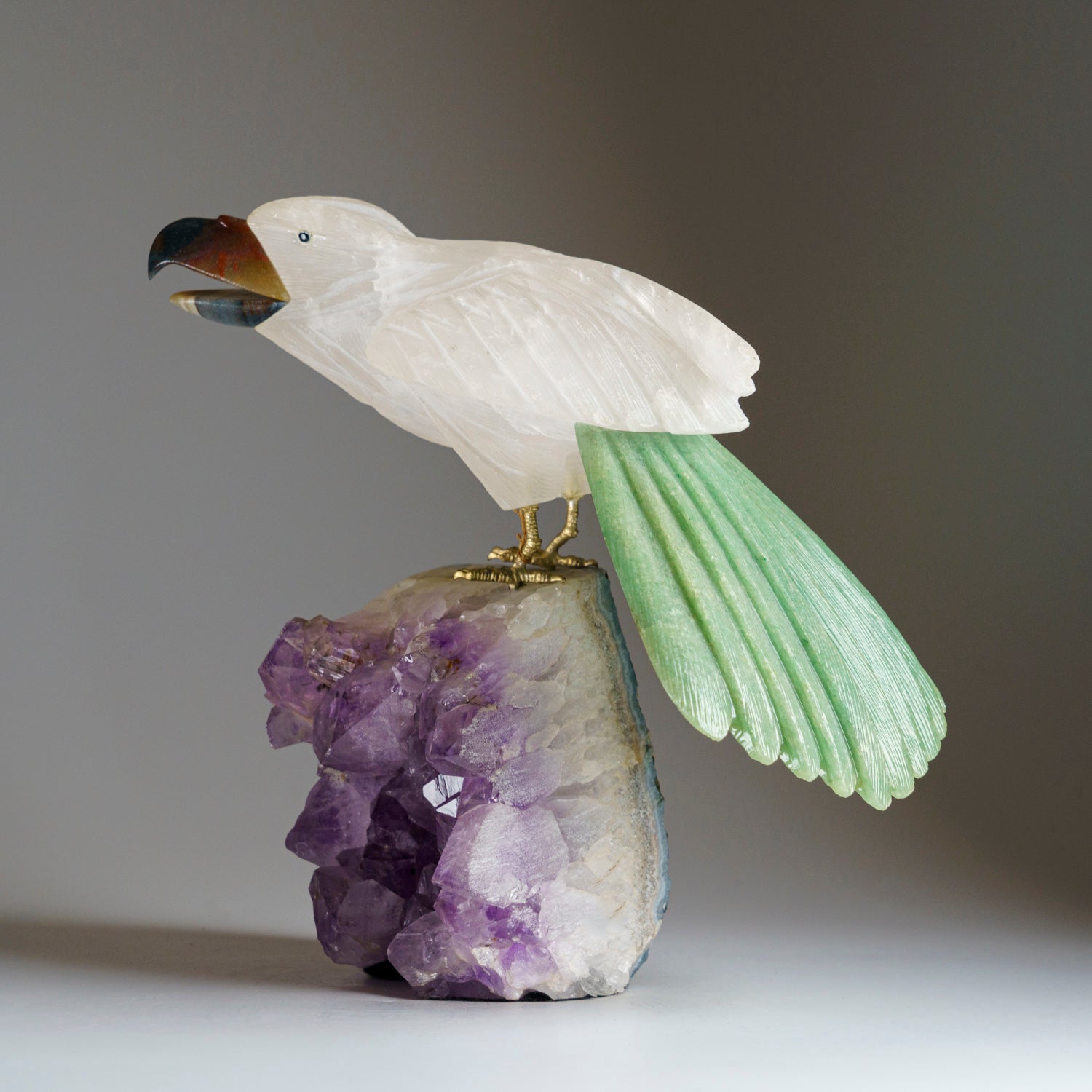 Polished Hand Carved Bird on a Amethyst Cluster Matrix