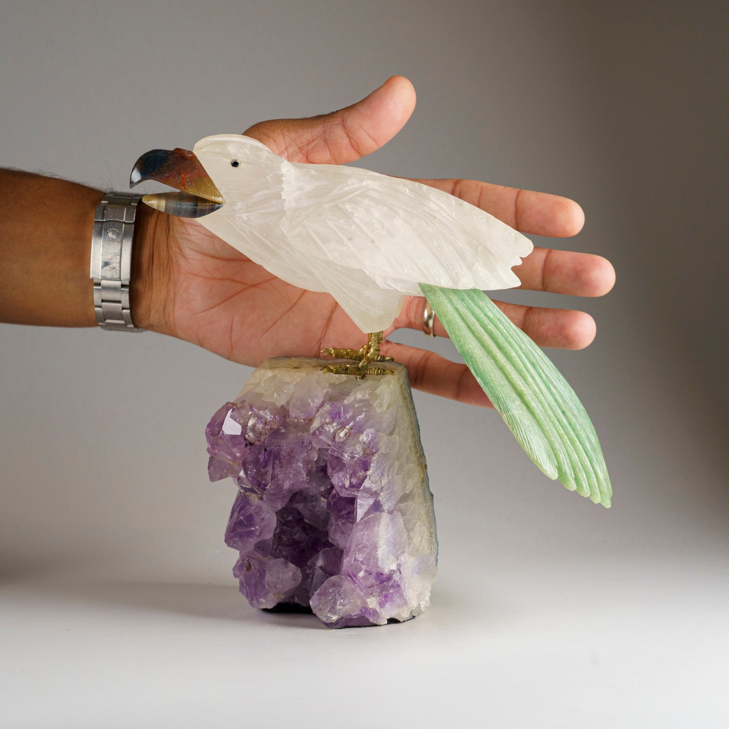 Polished Hand Carved Bird on a Amethyst Cluster Matrix