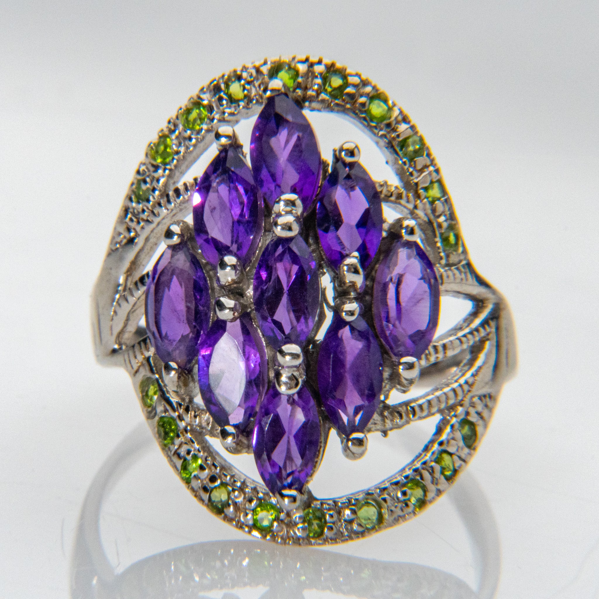 Amethyst with Peridot Gemstone Sterling Silver Ring (Size 7.5)