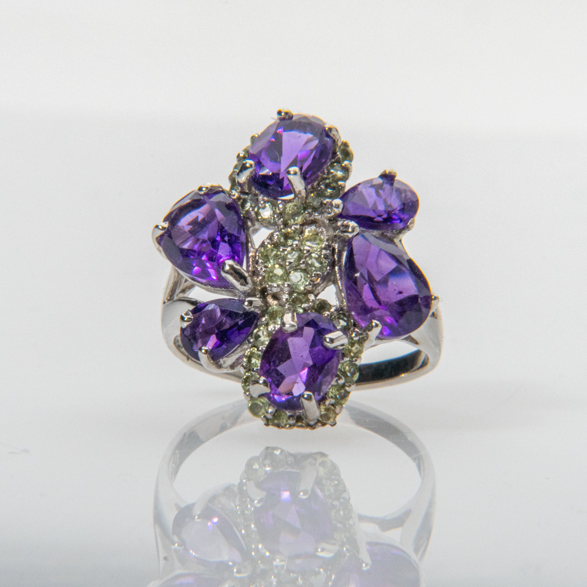 Amethyst and Peridot Gemstone Sterling Silver Ring (Size 7.5)
