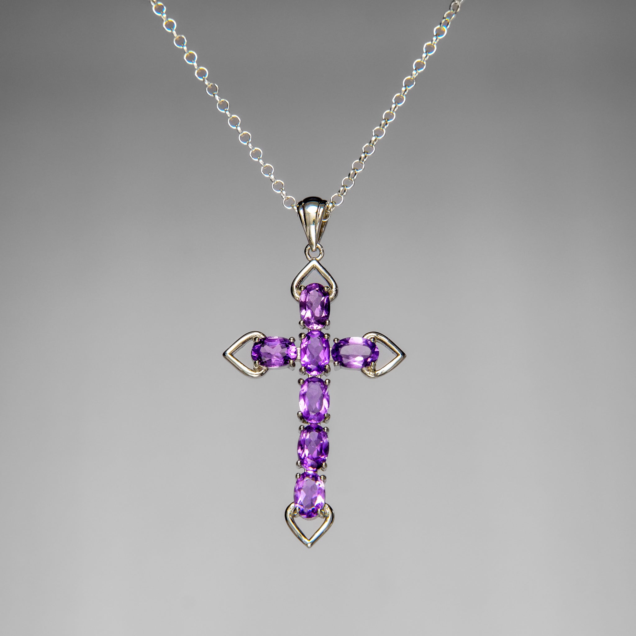 Sterling Silver Amethyst Gemstone Cross Pendant with 18" Sterling Silver Chain