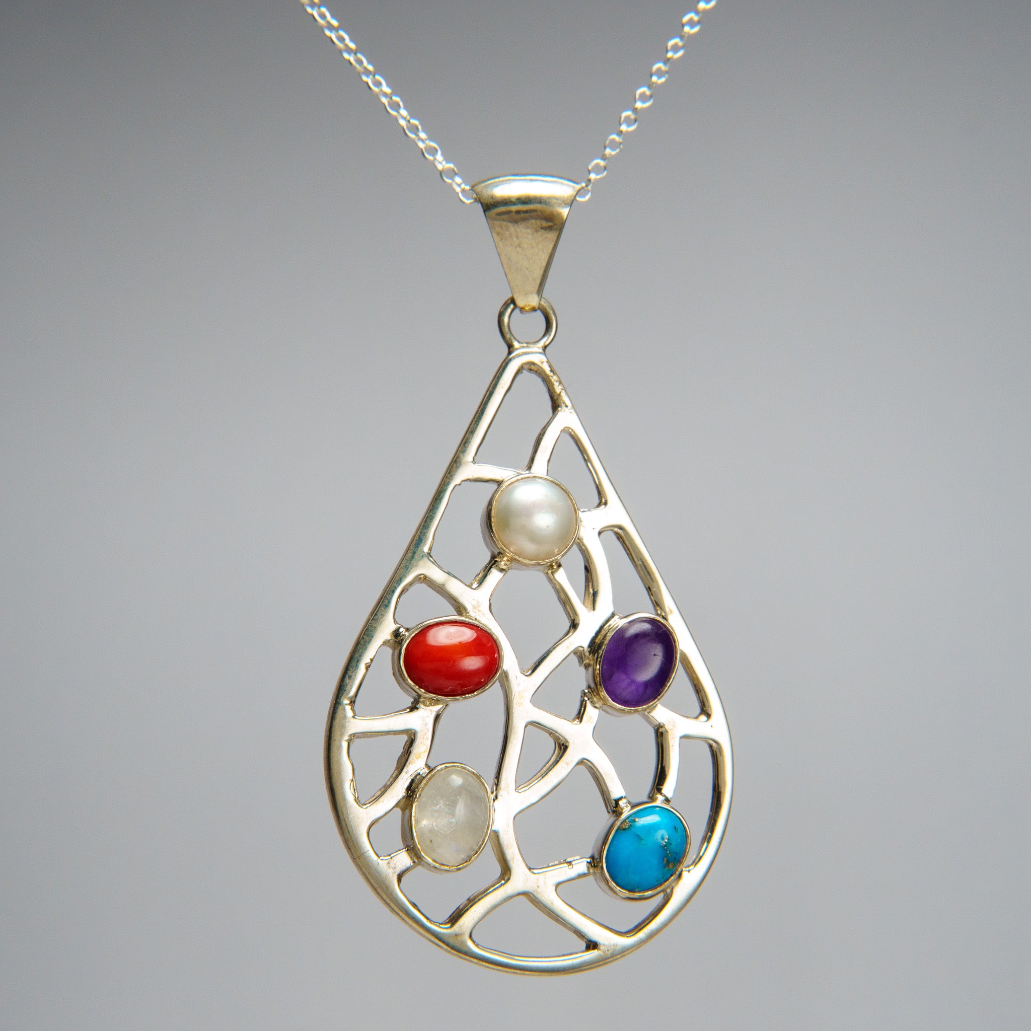 Sterling Silver Multi Gemstone Pendant with 18" Sterling Silver Chain
