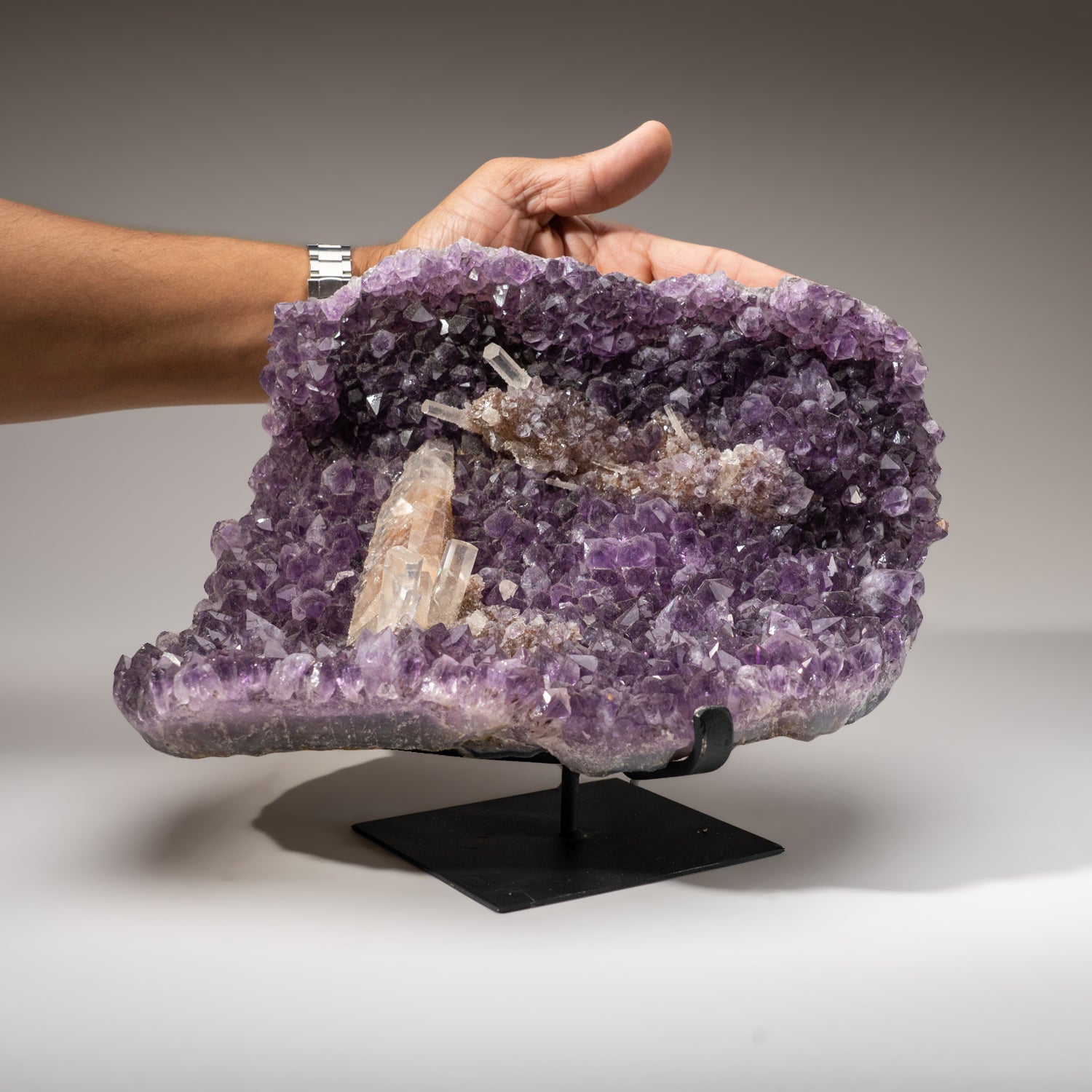 Genuine Amethyst Crystal Cluster with Calcite on Stand from Uruguay (16 lbs)