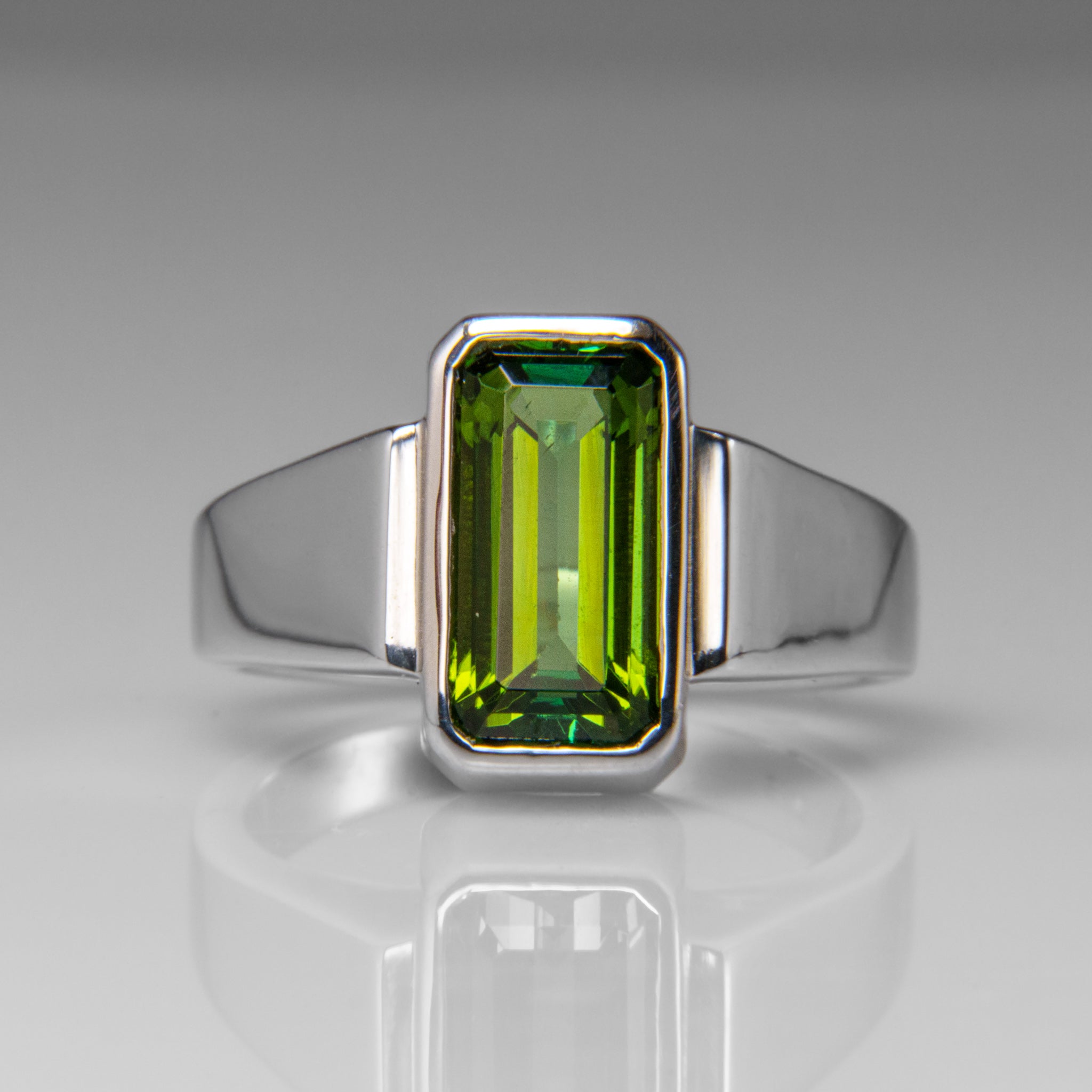 Genuine Green Tourmaline Gemstone Sterling Silver Men's Ring (Size 7)