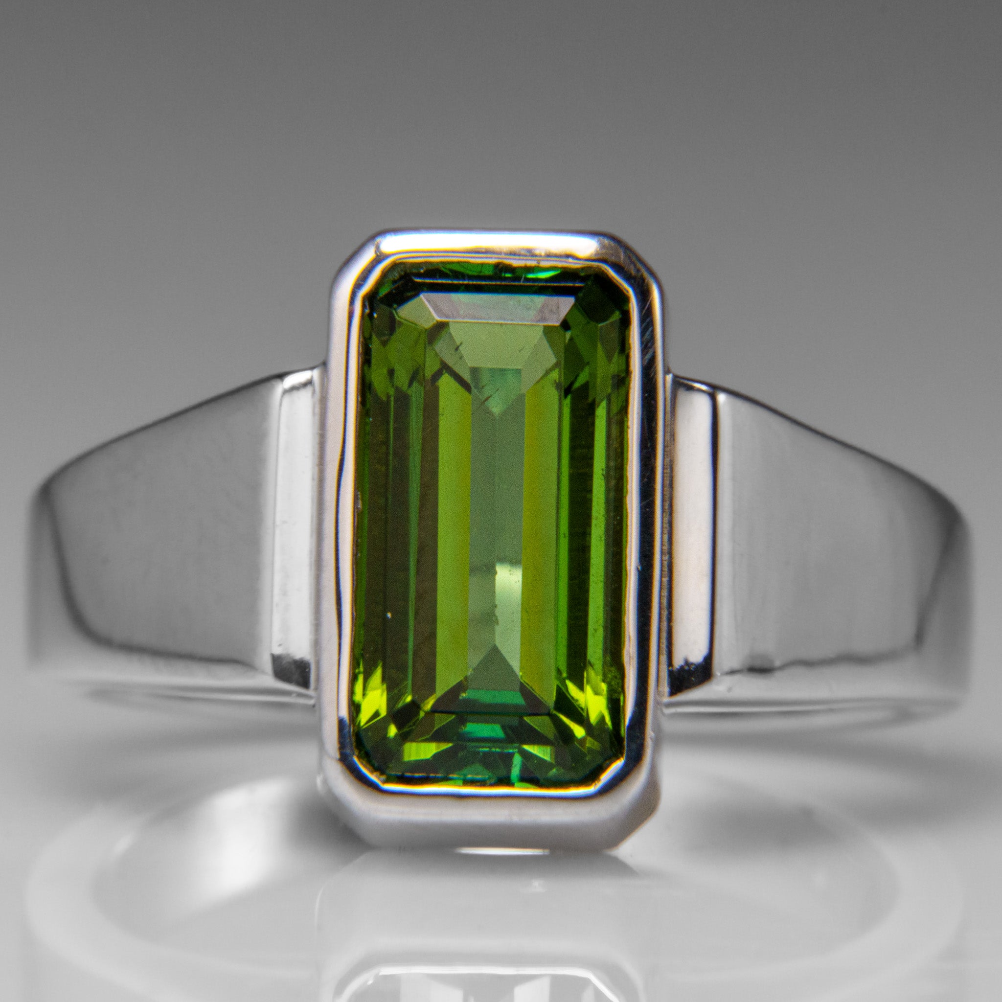 Genuine Green Tourmaline Gemstone Sterling Silver Men's Ring (Size 7)