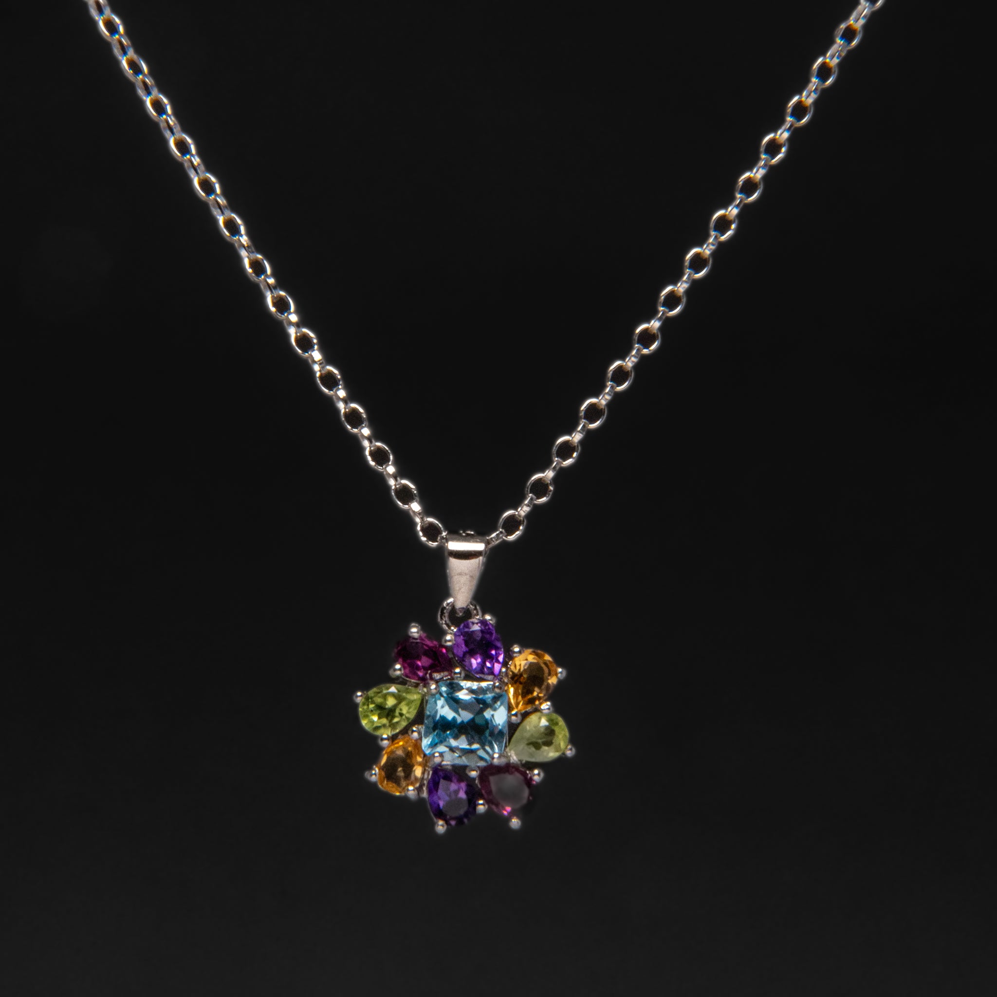 Multi Gemstone Sterling Silver Pendant with 18" Sterling Silver Necklace