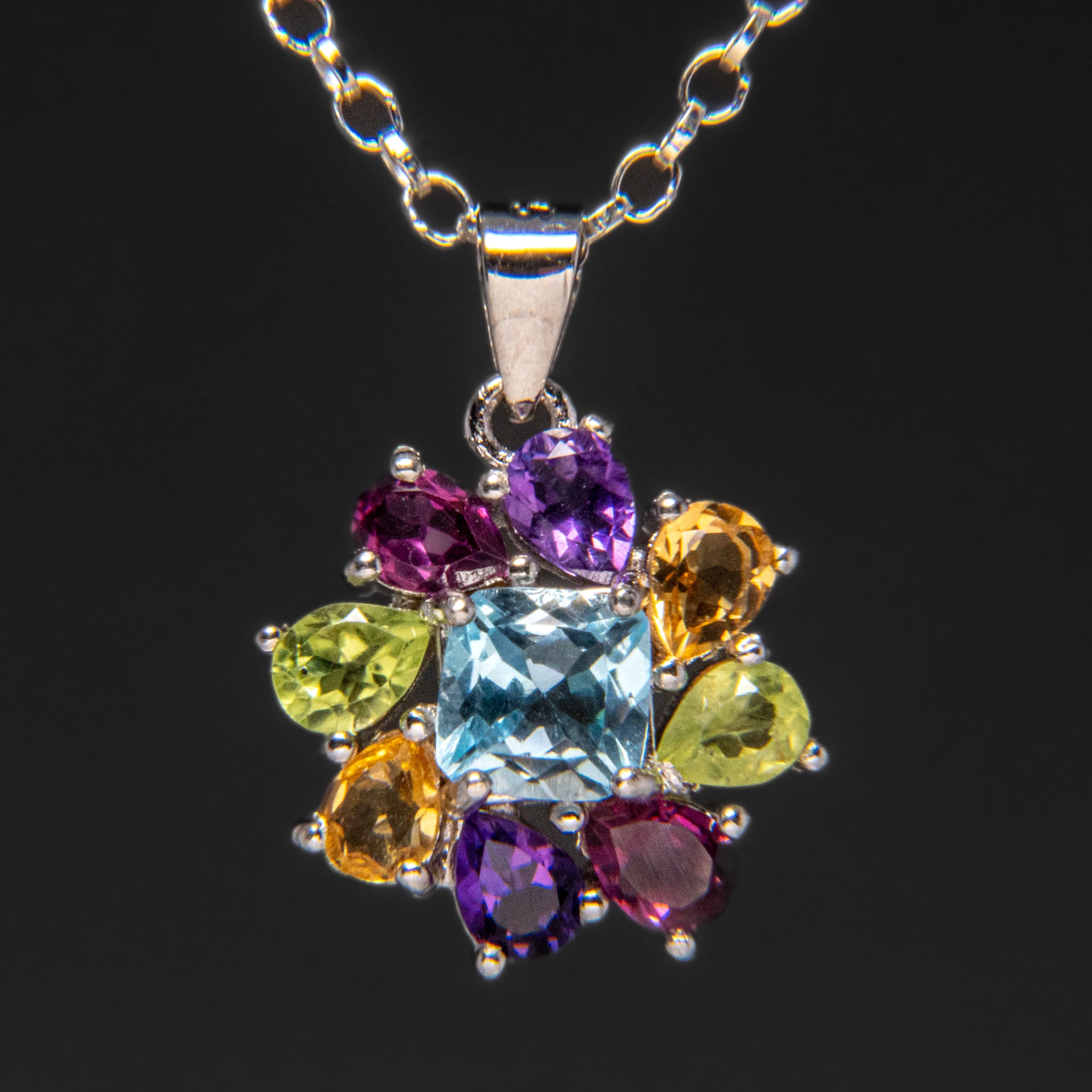 Multi Gemstone Sterling Silver Pendant with 18" Sterling Silver Necklace
