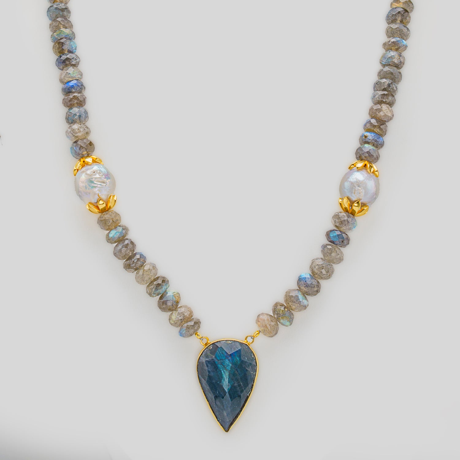 Labradorite with Pearl Gemstone Beaded 18 Inch Necklace