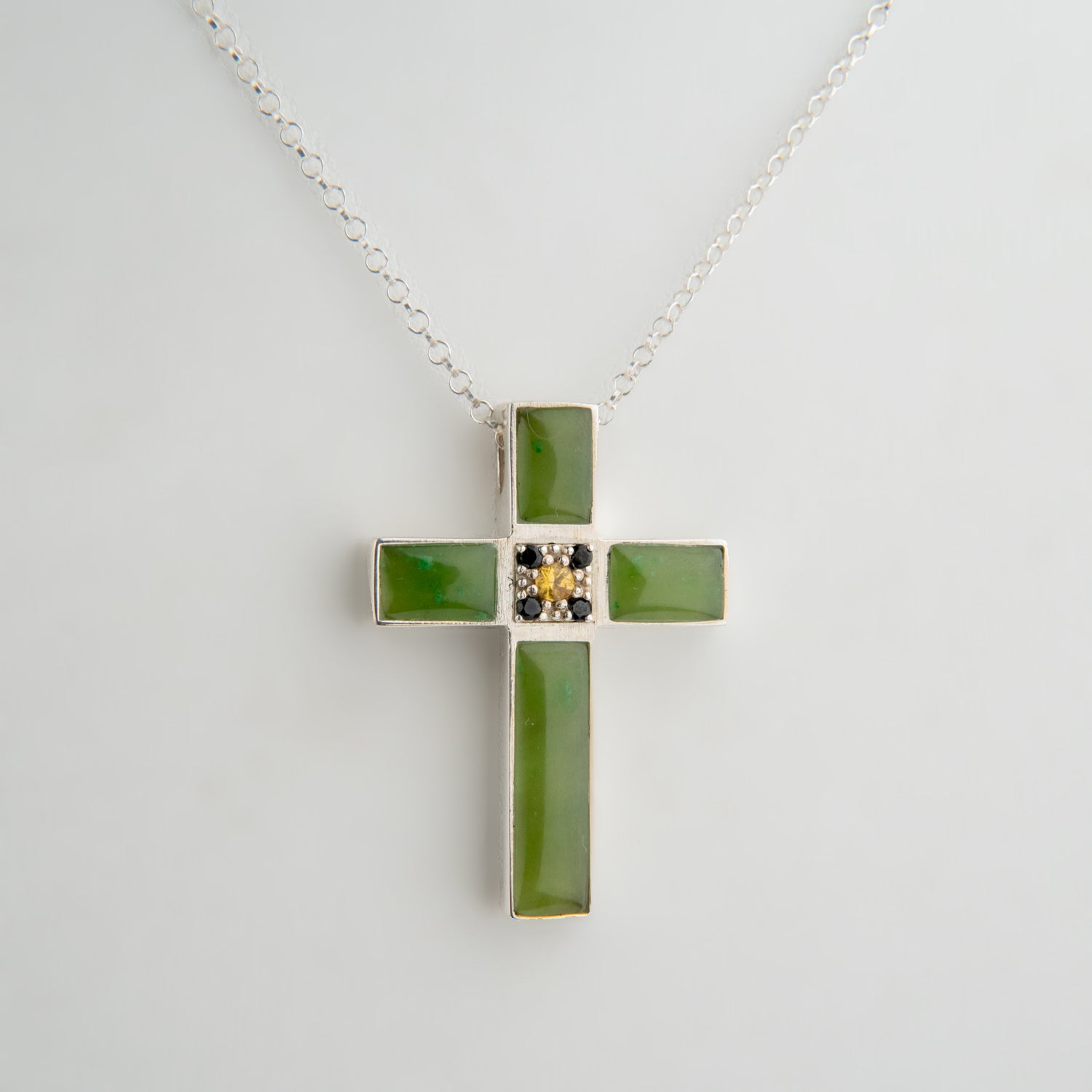 Genuine Jade Sterling Silver Cross Pendant with 18" Sterling Silver Necklace