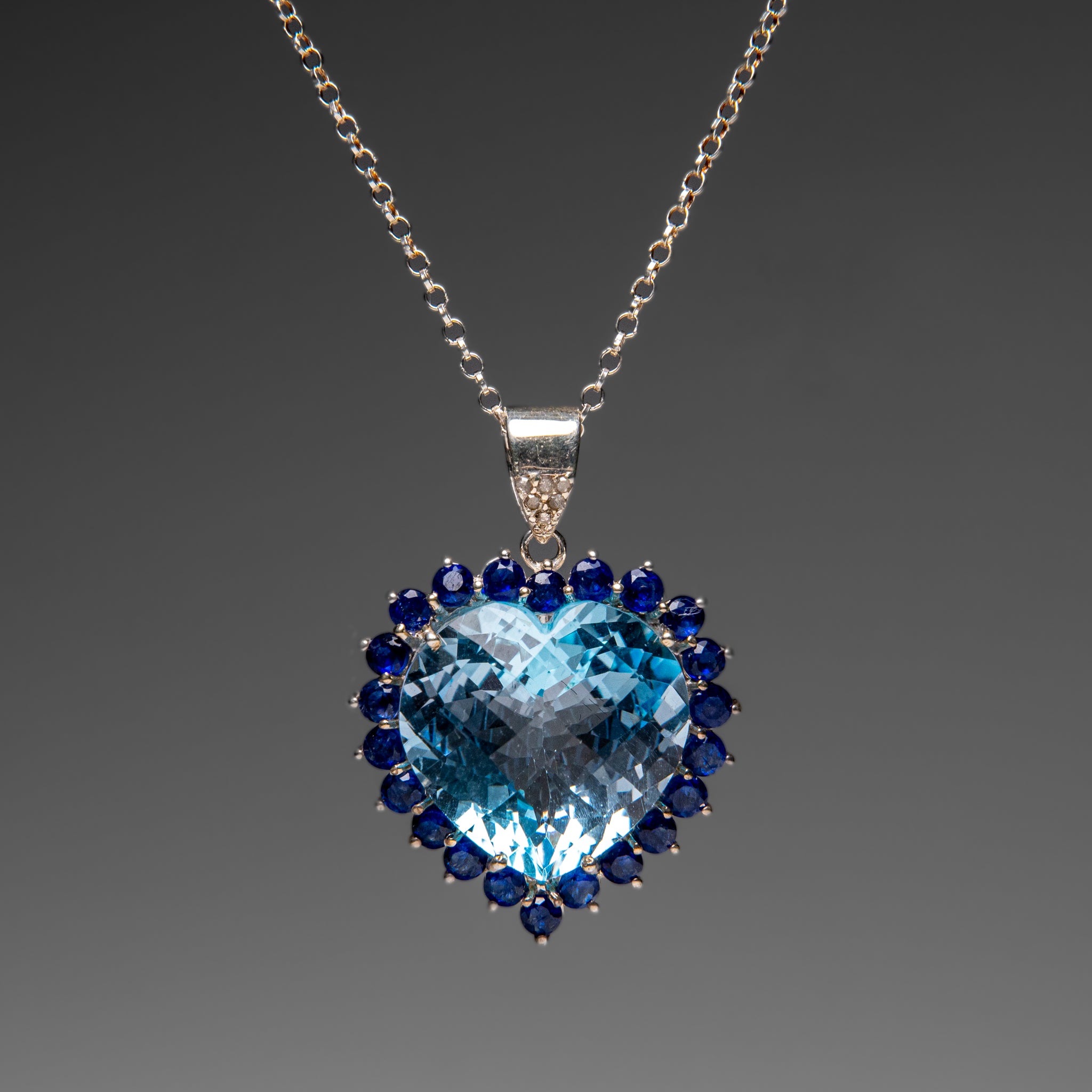 Blue Topaz and Sapphire Heart Pendant in Sterling Silver with 18" Sterling Silver Chain