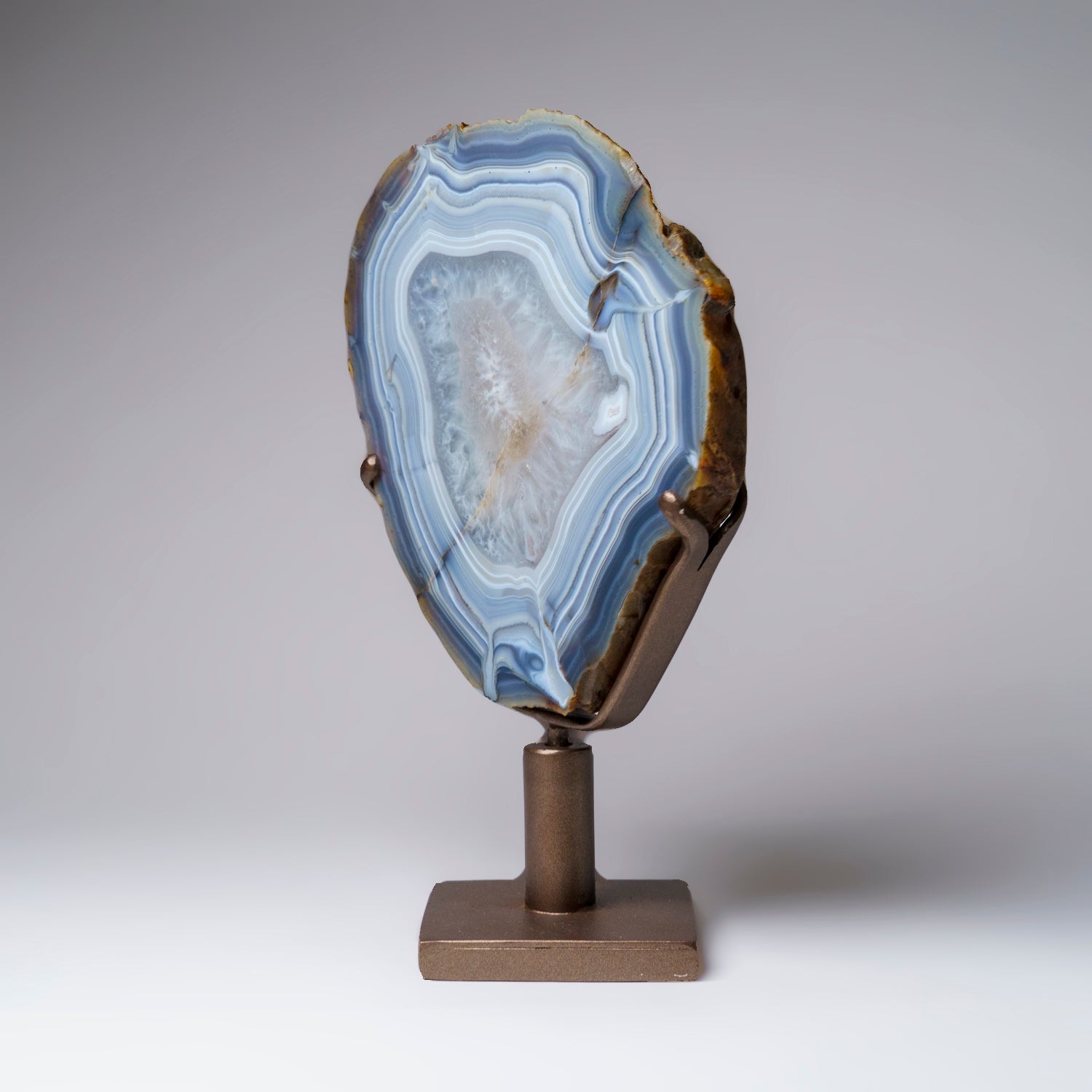 Genuine Blue Banded Agate Slice on Custom Metal Stand (6 bs)