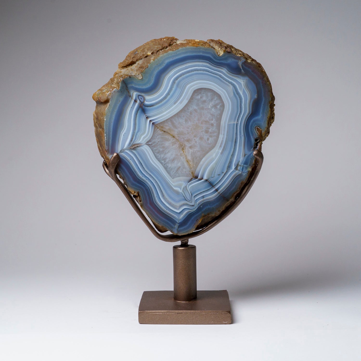 Genuine Blue Banded Agate Slice on Custom Metal Stand (6 bs)