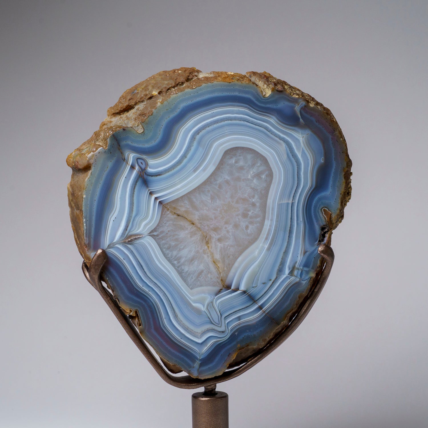 Genuine Blue Banded Agate Slice on Custom Metal Stand (6 bs)