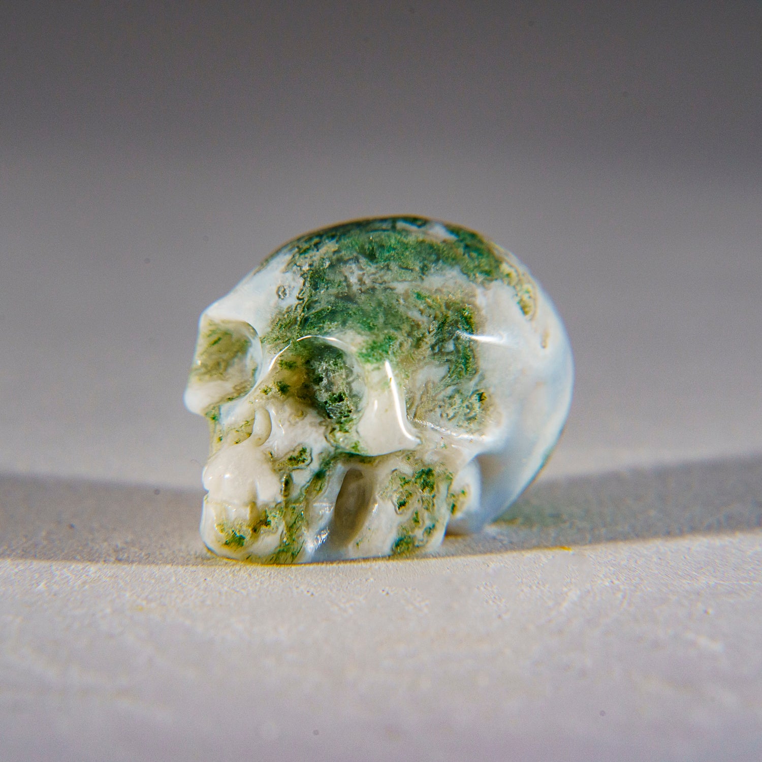 Polished Green Moss Agate Skull Carving (21 grams)