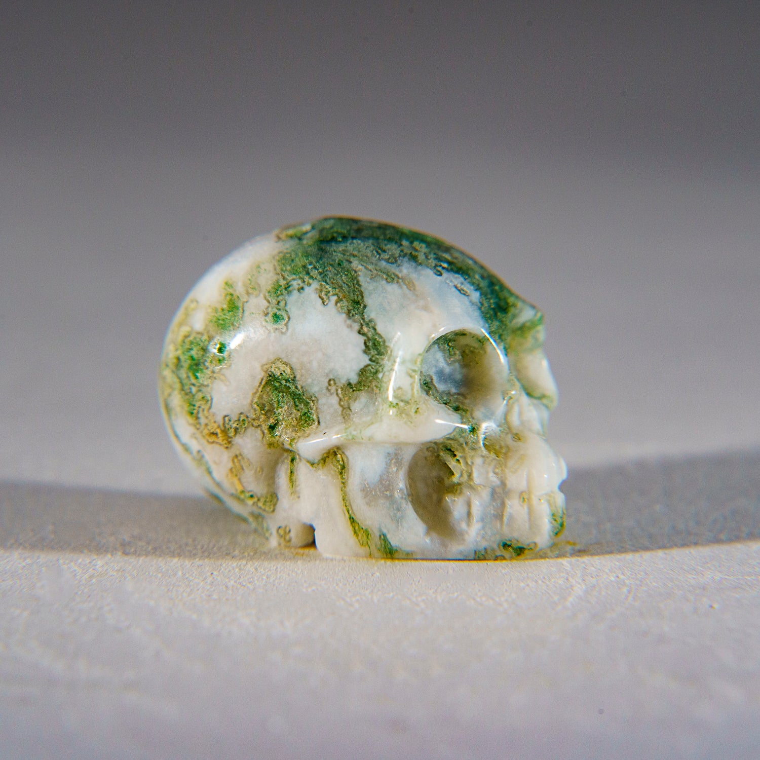 Polished Green Moss Agate Skull Carving (21 grams)