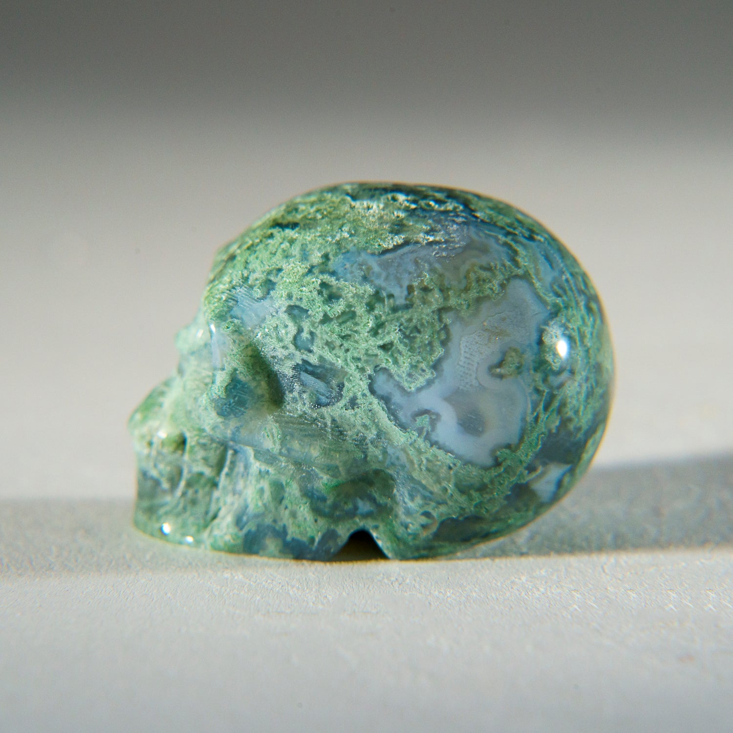 Polished Green Moss Agate Skull Carving (25 grams)