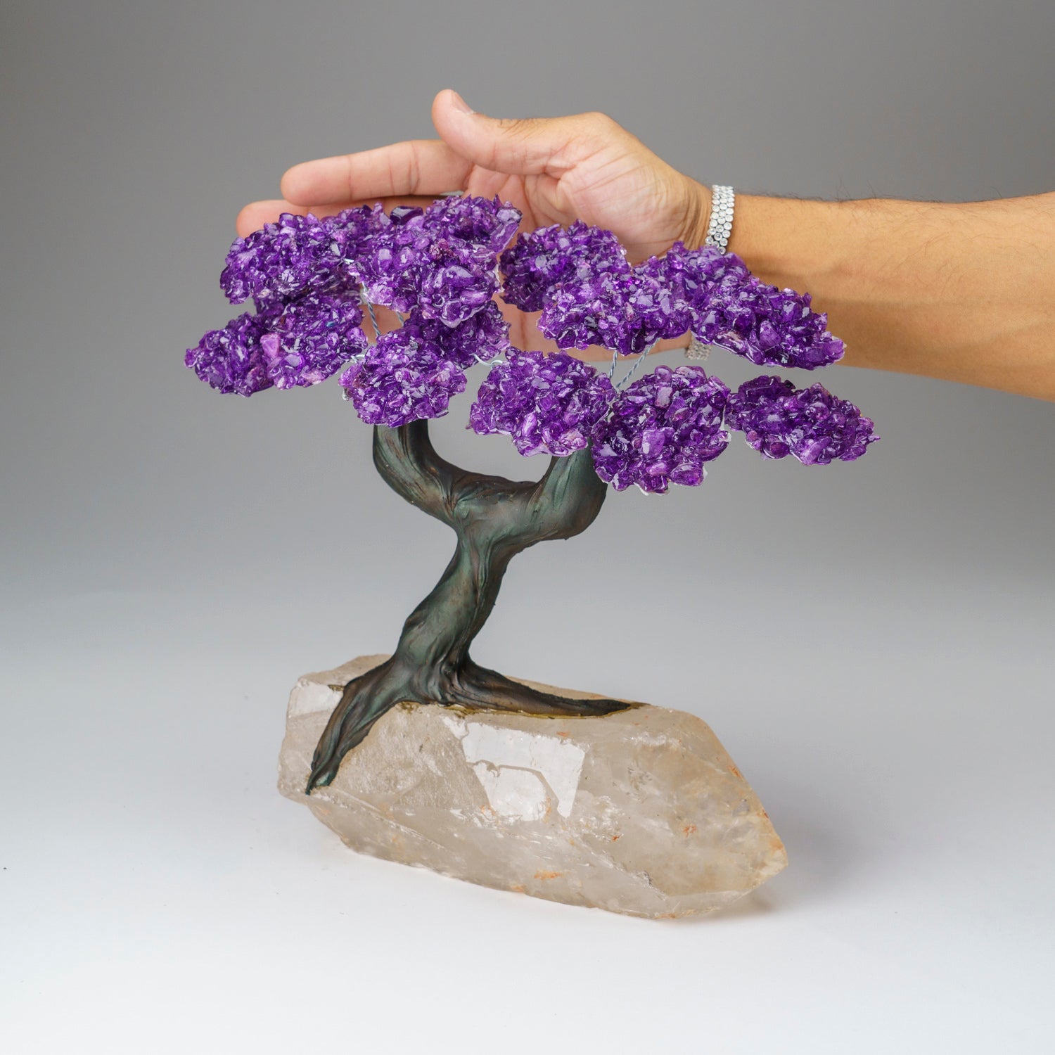 Custom - Genuine Amethyst Clustered Gemstone Tree on a Clear Quartz Crystal (The Harmony Tree)