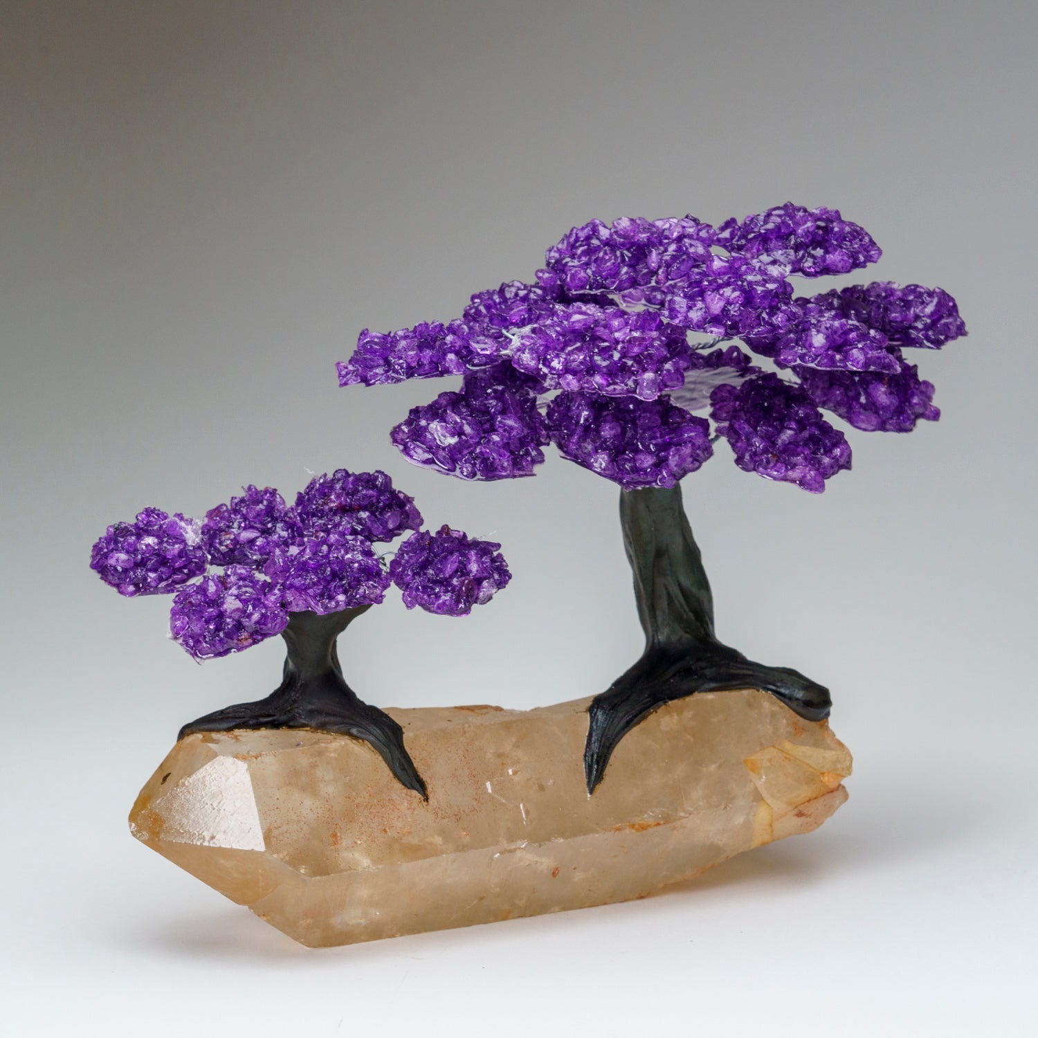 Custom -Two Genuine Amethyst Clustered Gemstone Trees on Clear Quartz Matrix (The Harmony Tree)