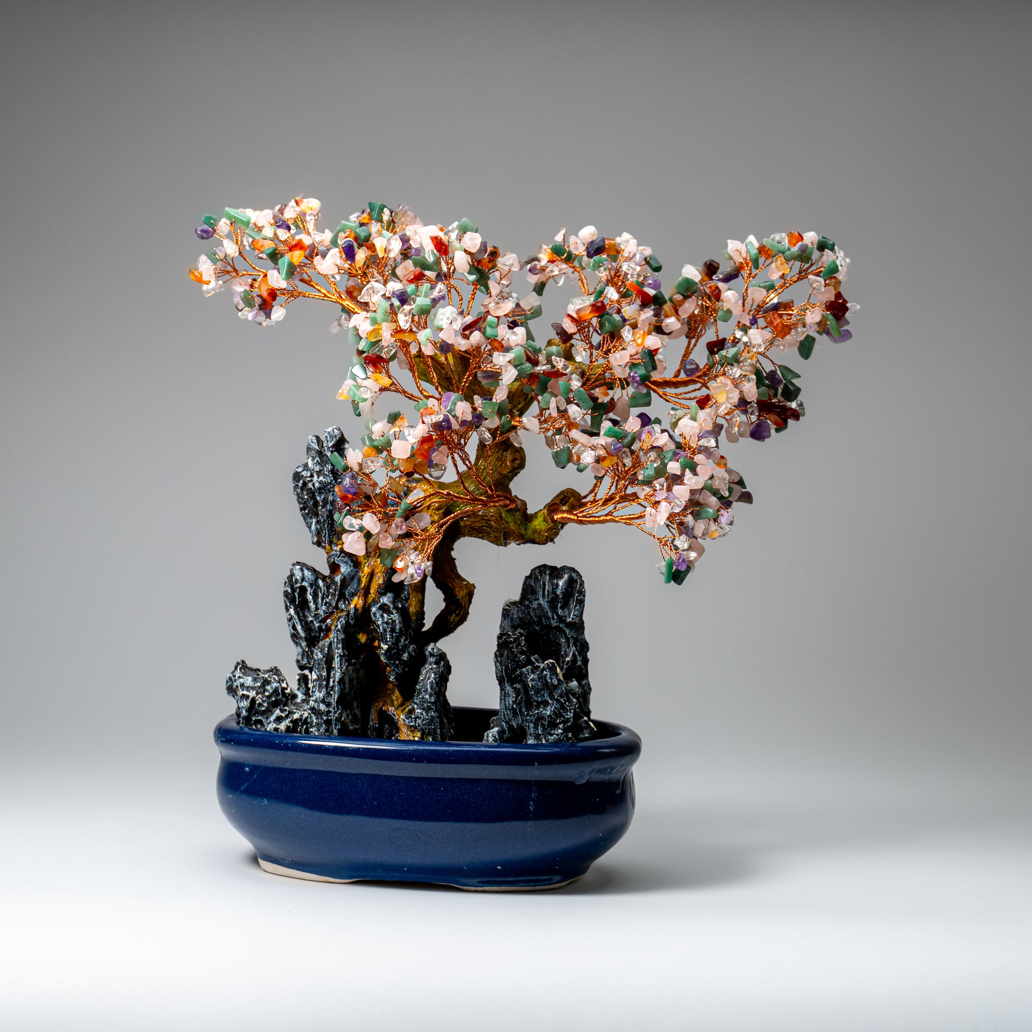 Genuine Multi Gemstone Bonsai Tree in Oval Ceramic Pot (12” Tall)