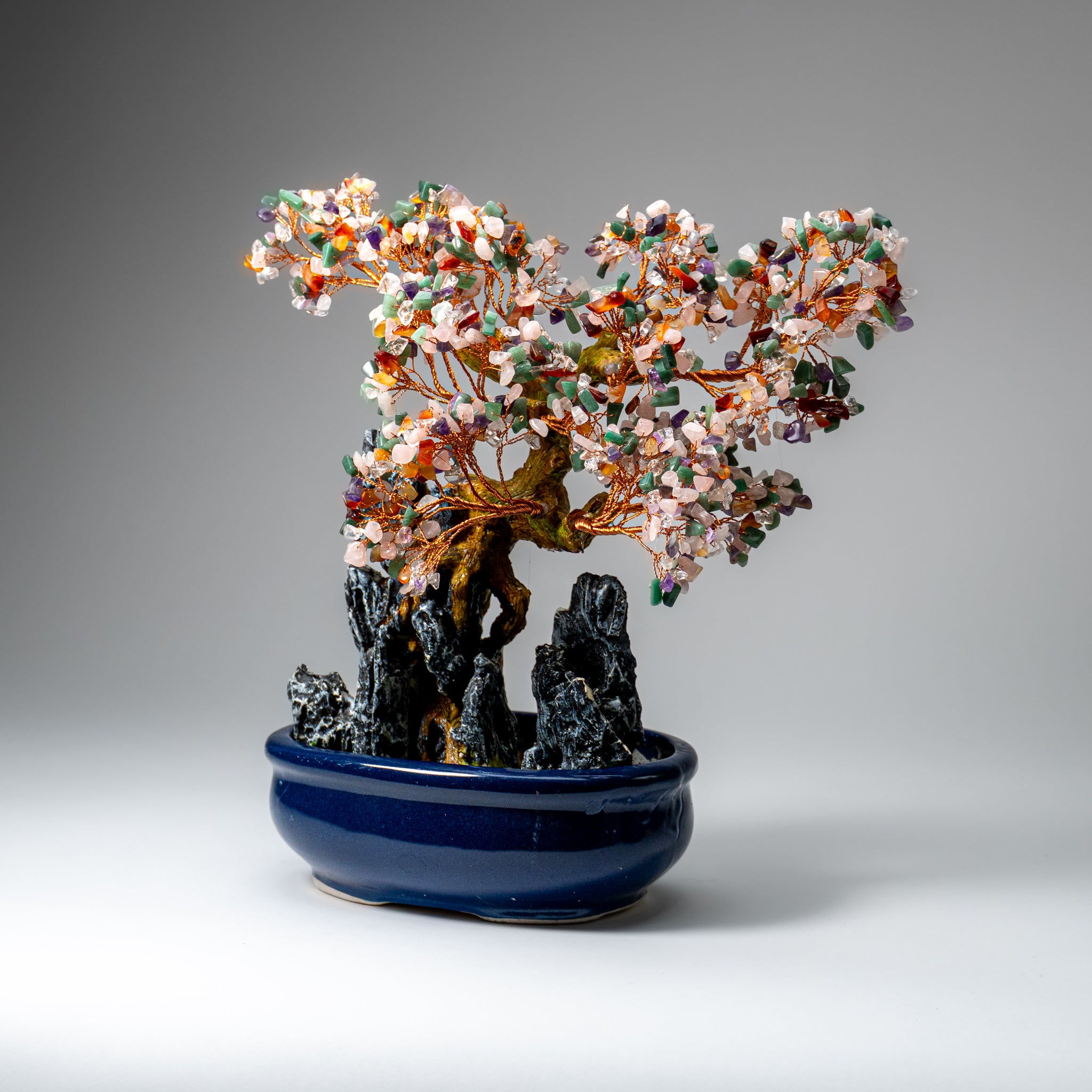 Genuine Multi Gemstone Bonsai Tree in Oval Ceramic Pot (12” Tall)