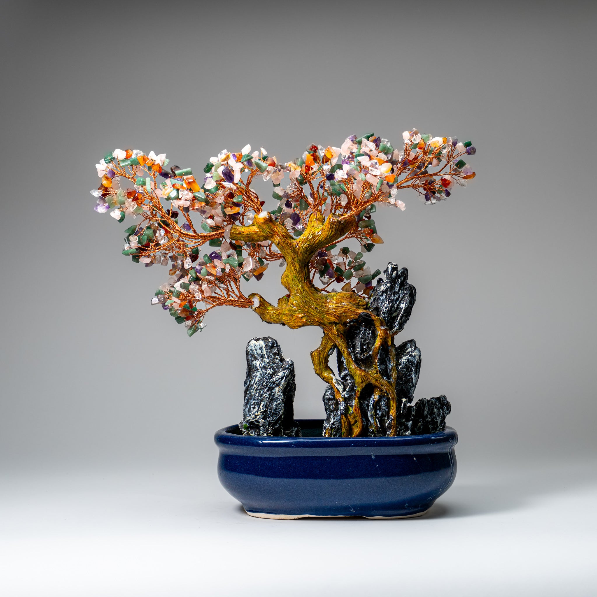 Genuine Multi Gemstone Bonsai Tree in Oval Ceramic Pot (12” Tall)