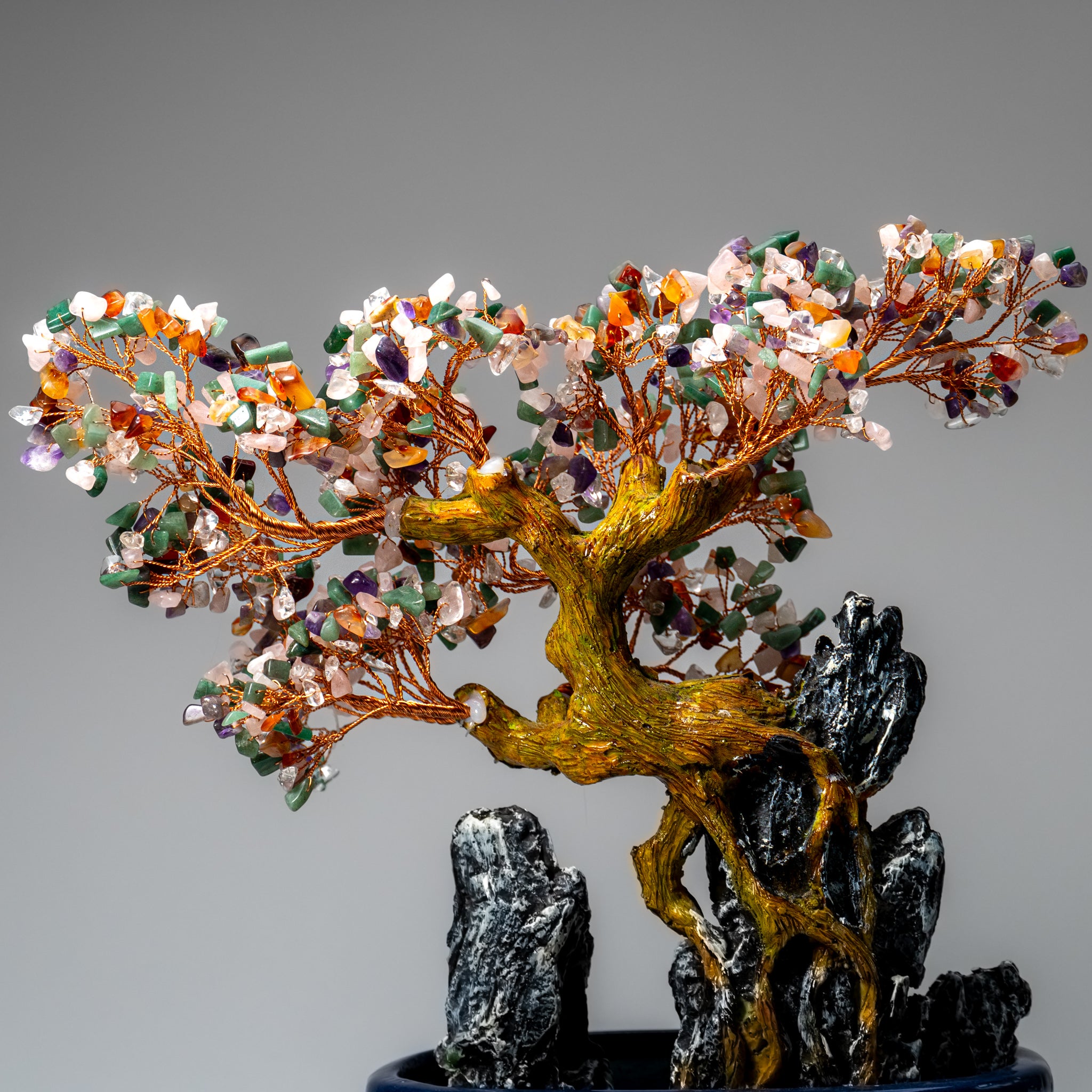 Genuine Multi Gemstone Bonsai Tree in Oval Ceramic Pot (12” Tall)