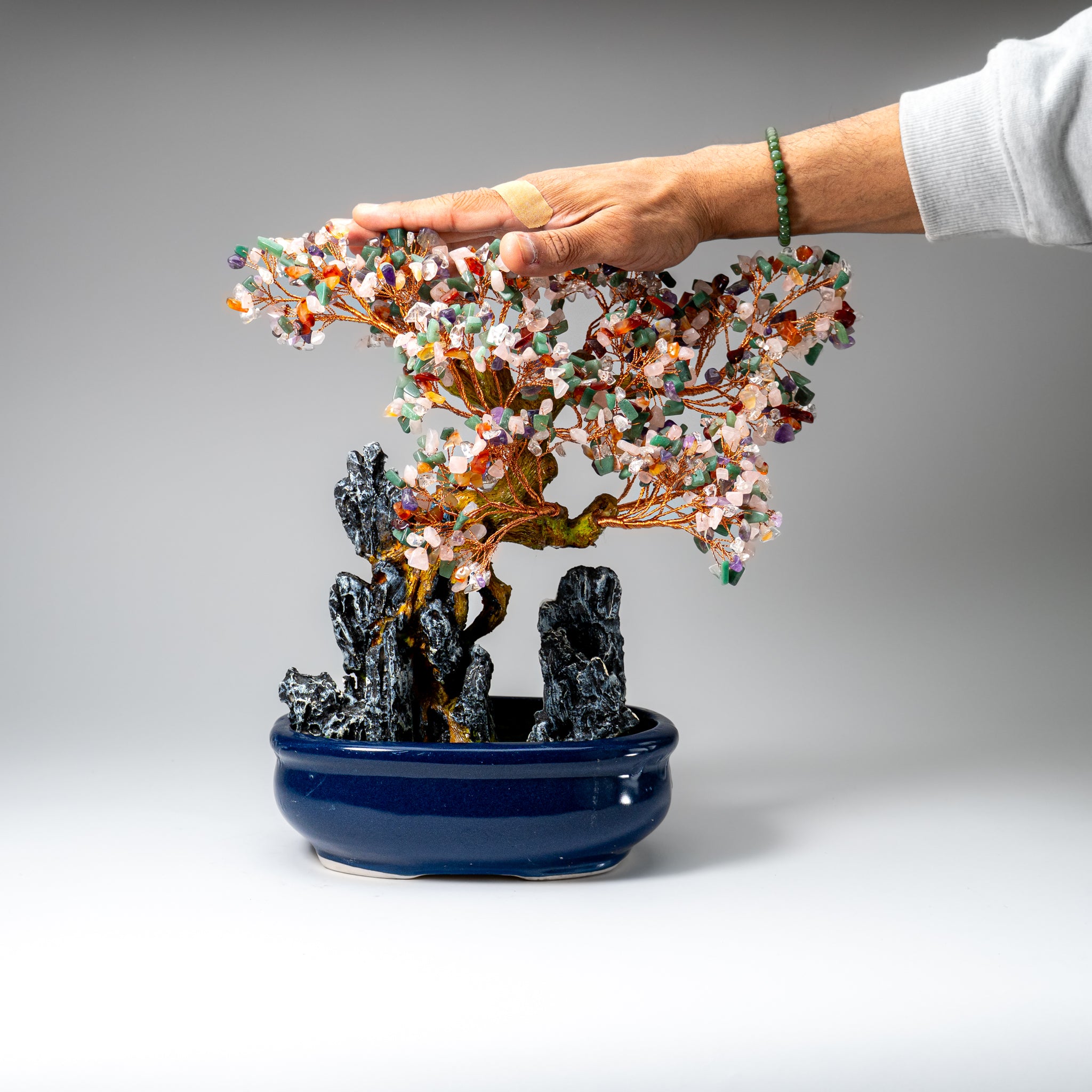 Genuine Multi Gemstone Bonsai Tree in Oval Ceramic Pot (12” Tall)