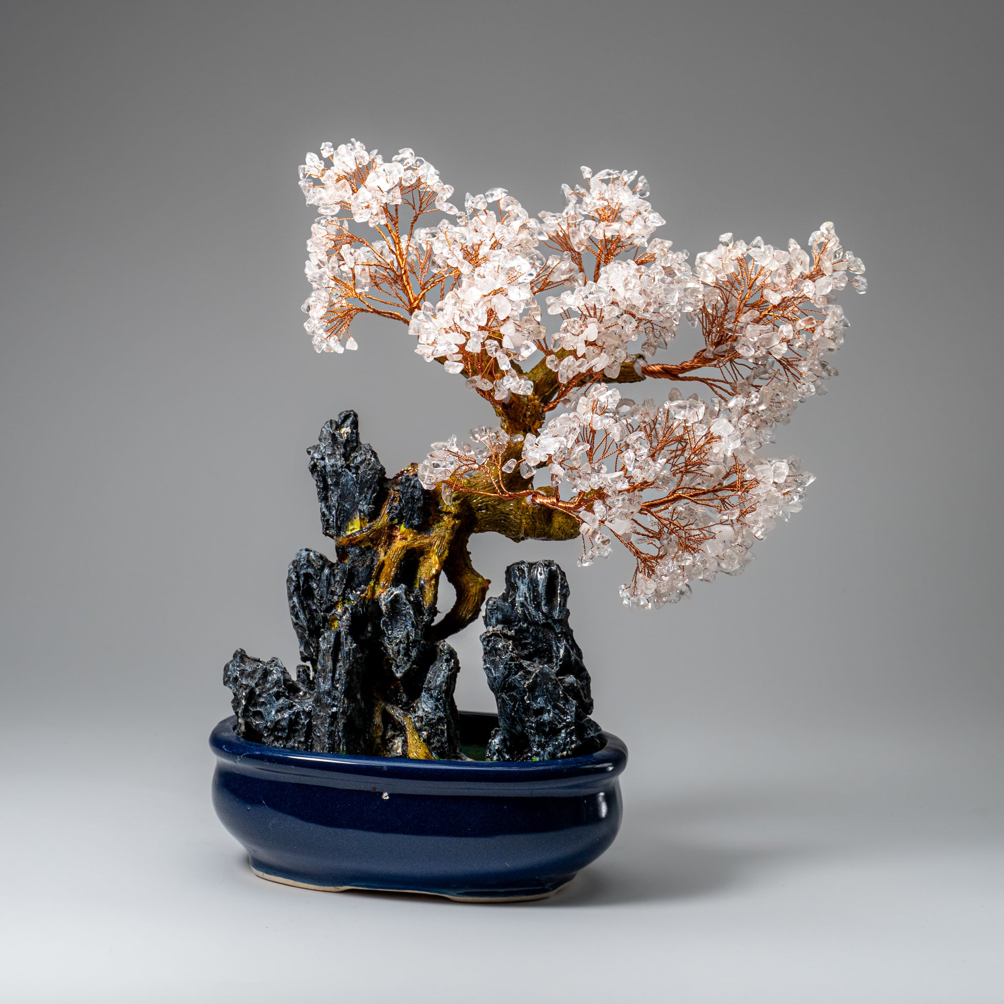 Genuine Quartz Gemstone Bonsai Tree in Oval Ceramic Pot (12” Tall)