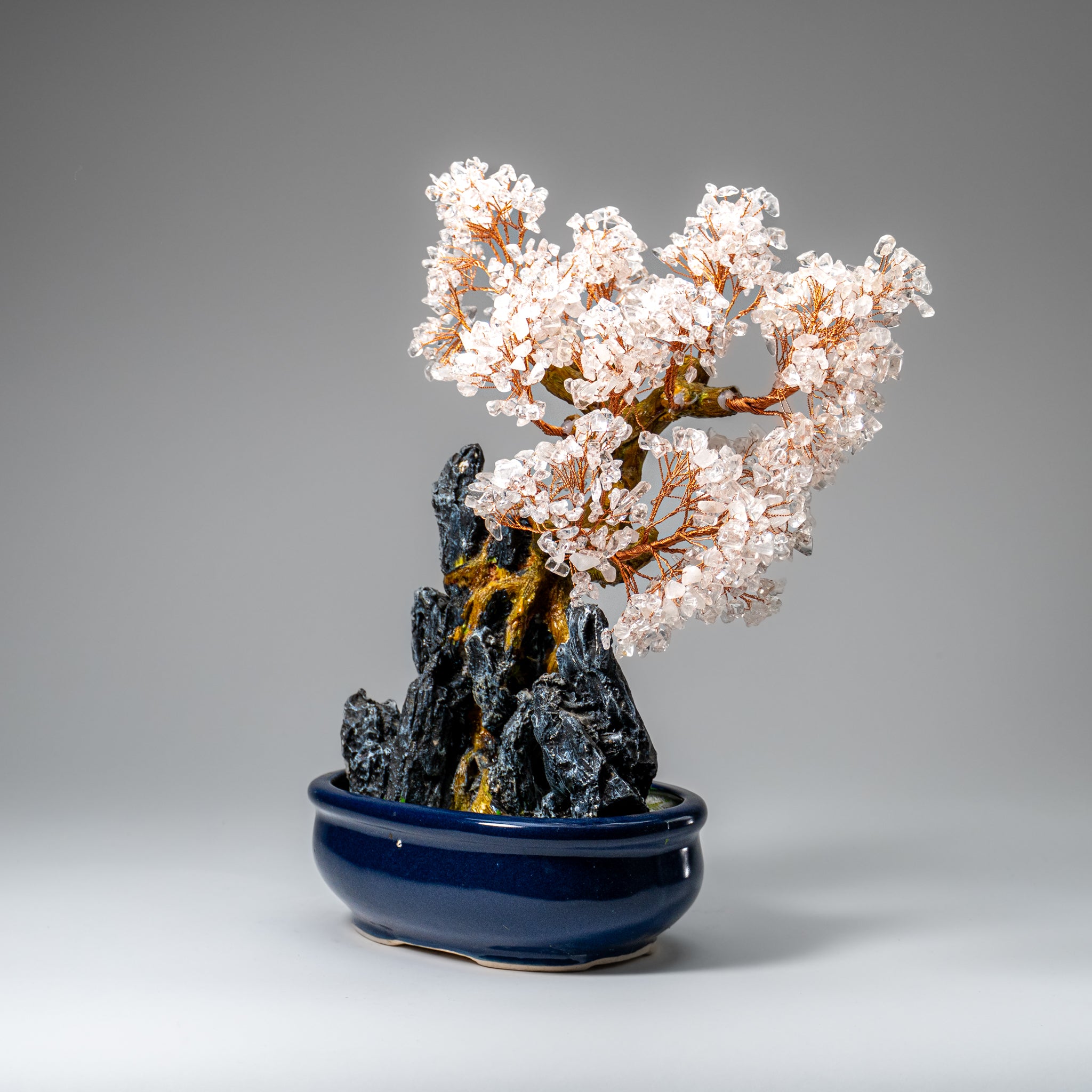 Genuine Quartz Gemstone Bonsai Tree in Oval Ceramic Pot (12” Tall)