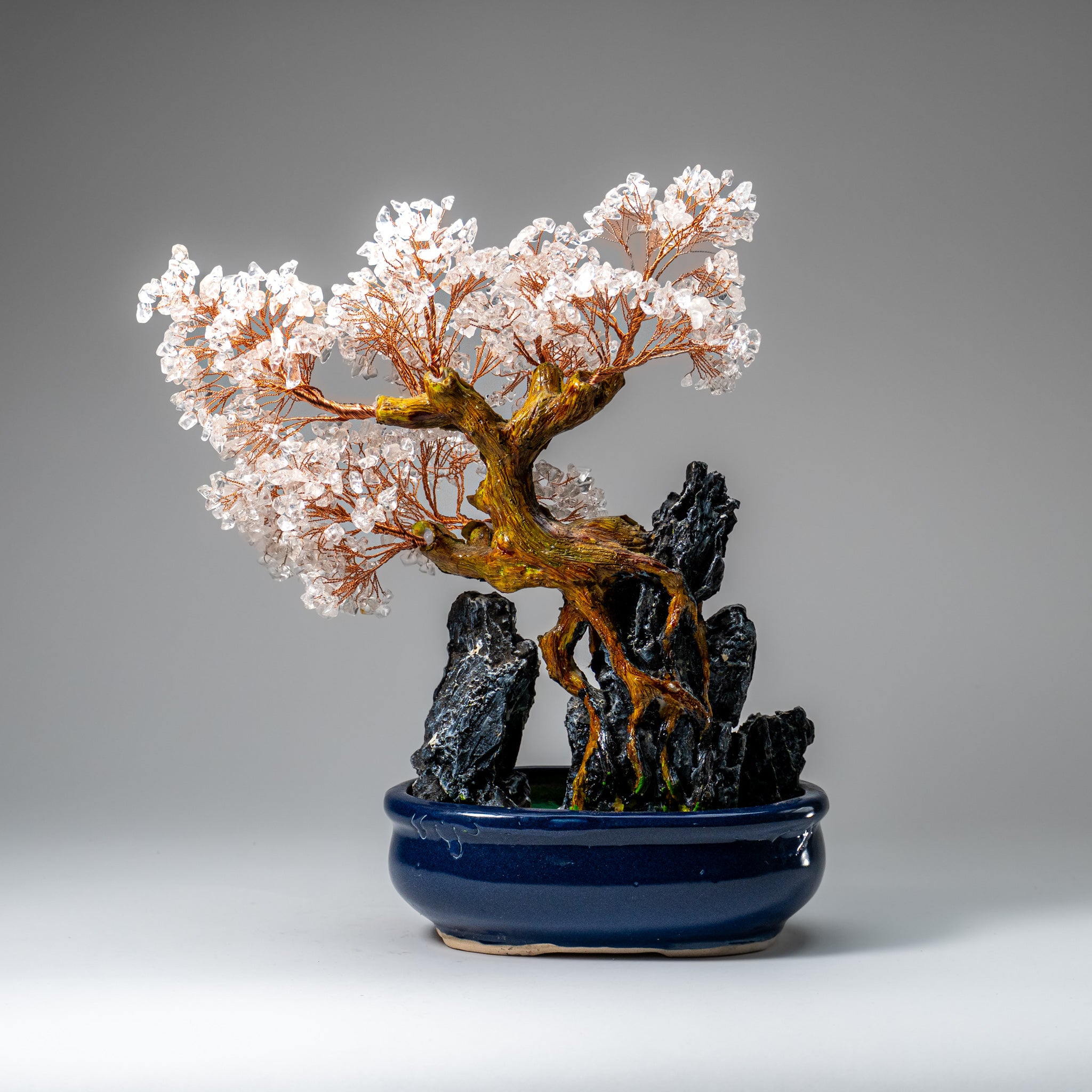 Genuine Quartz Gemstone Bonsai Tree in Oval Ceramic Pot (12” Tall)