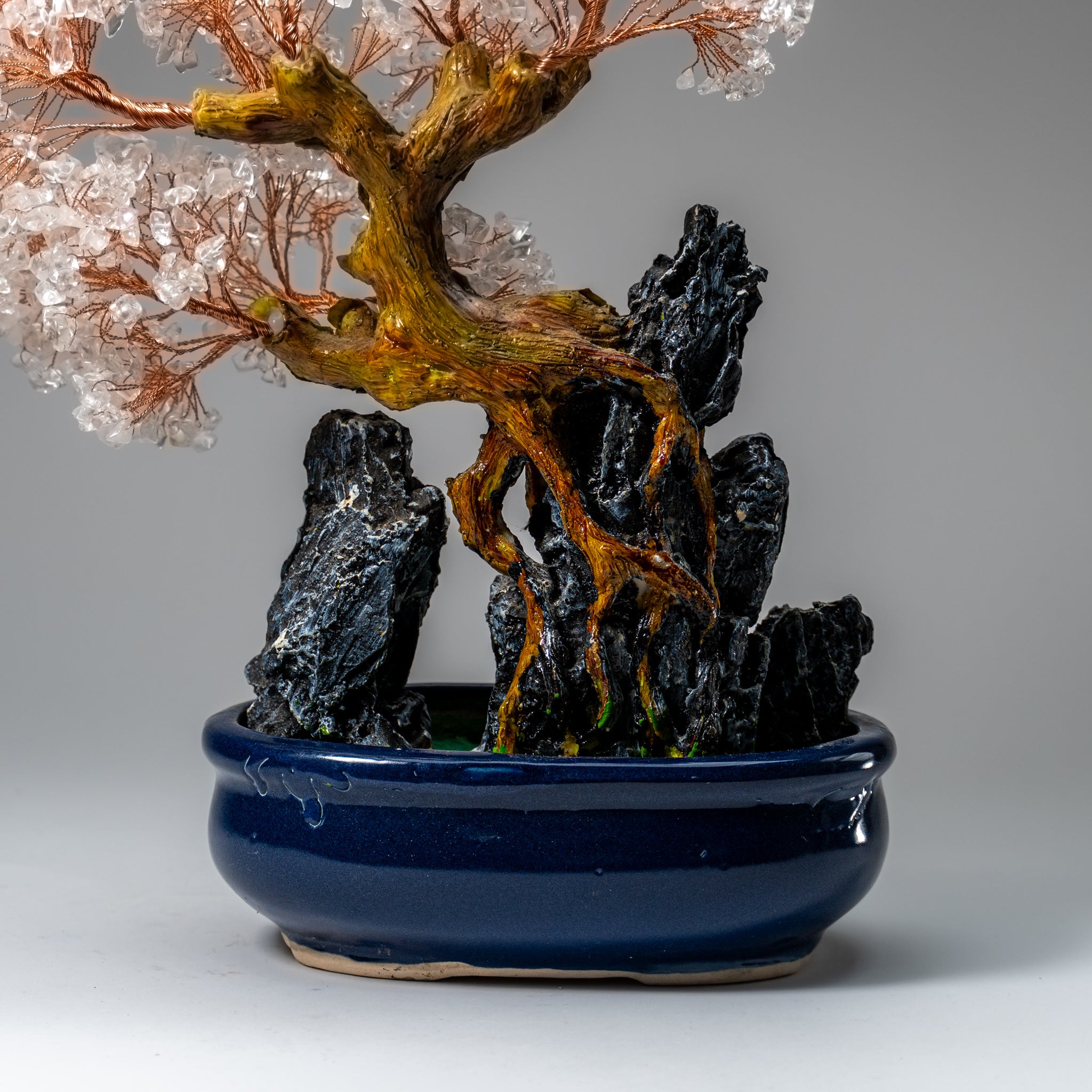 Genuine Quartz Gemstone Bonsai Tree in Oval Ceramic Pot (12” Tall)