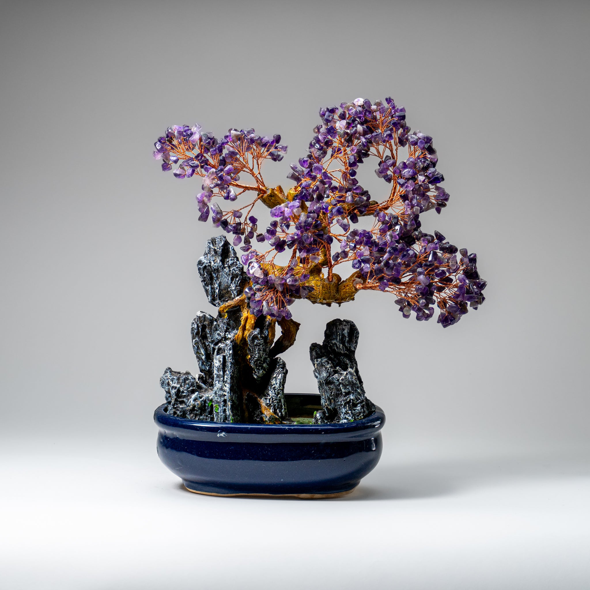 Genuine Amethyst Gemstone Bonsai Tree in Oval Ceramic Pot (12” Tall)
