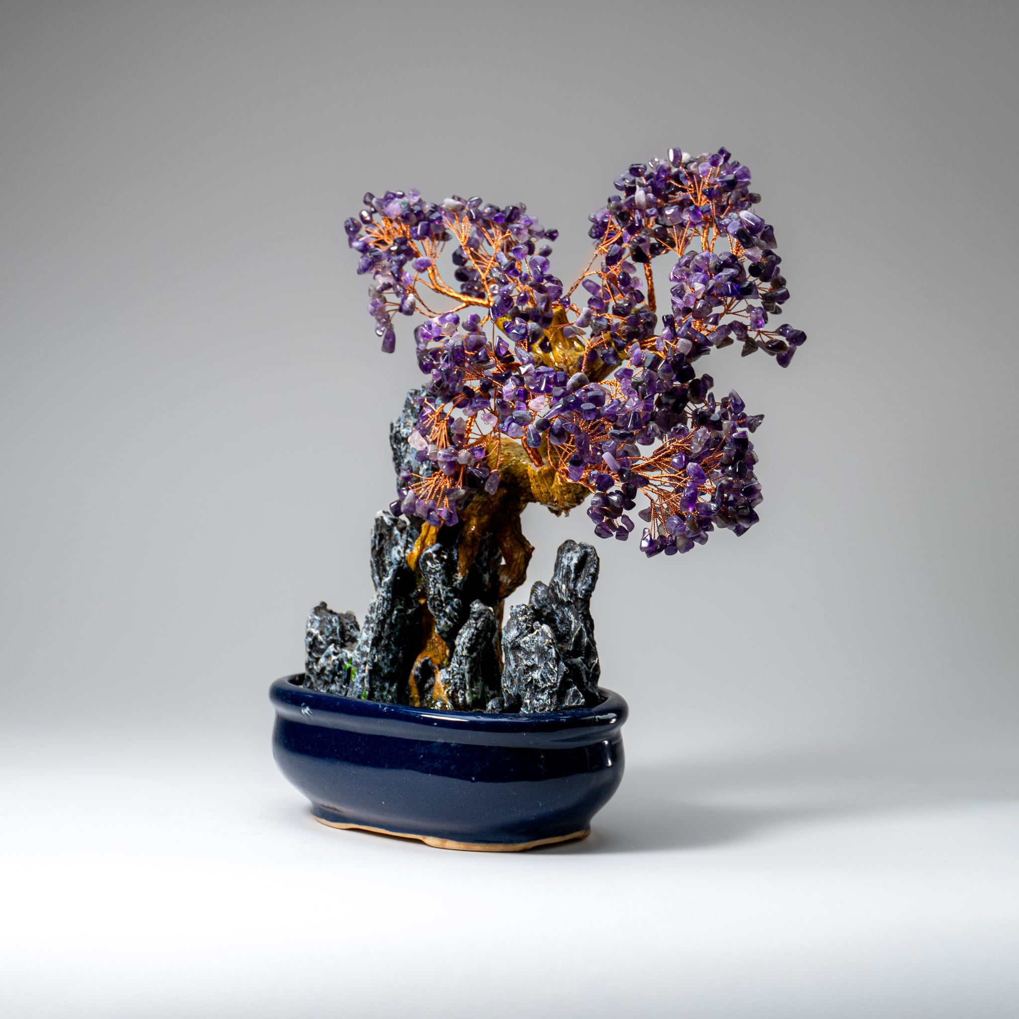 Genuine Amethyst Gemstone Bonsai Tree in Oval Ceramic Pot (12” Tall)