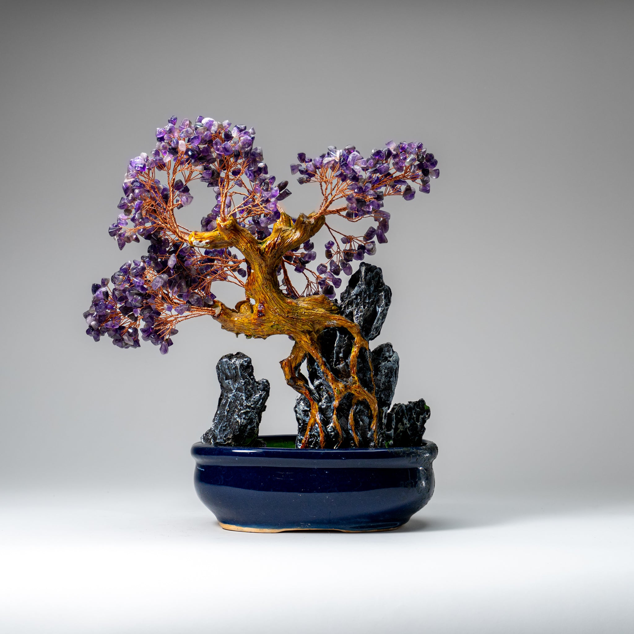 Genuine Amethyst Gemstone Bonsai Tree in Oval Ceramic Pot (12” Tall)