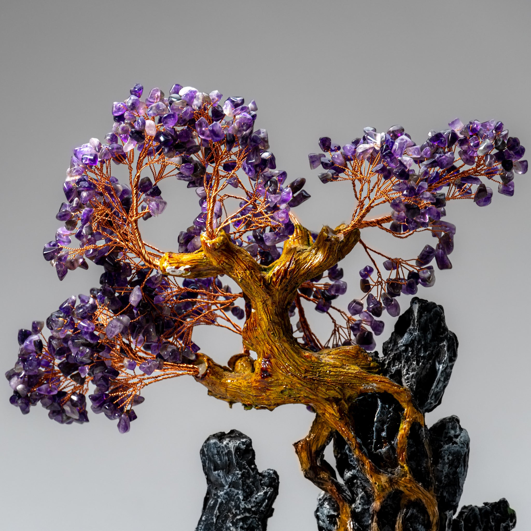 Genuine Amethyst Gemstone Bonsai Tree in Oval Ceramic Pot (12” Tall)
