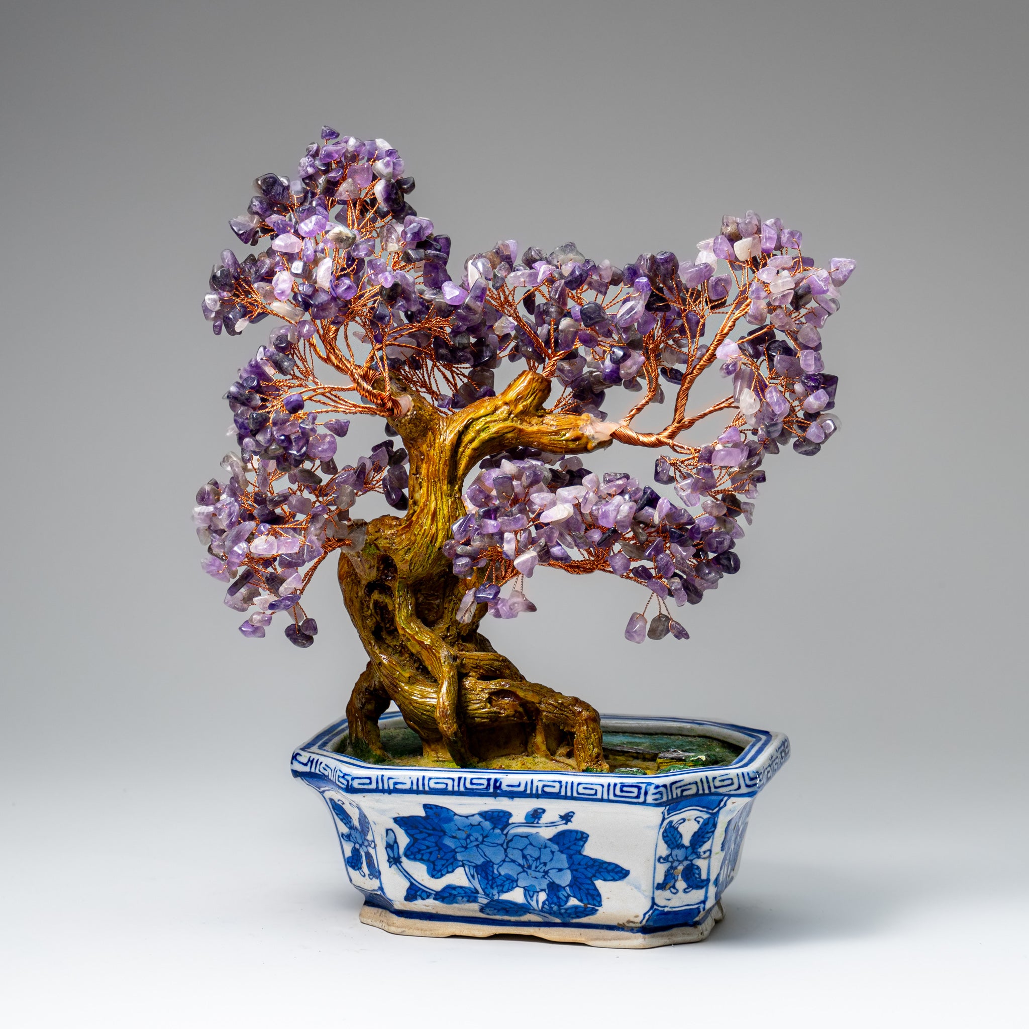 Genuine Amethyst Gemstone Bonsai Tree in Ceramic Pot (10.5” Tall)