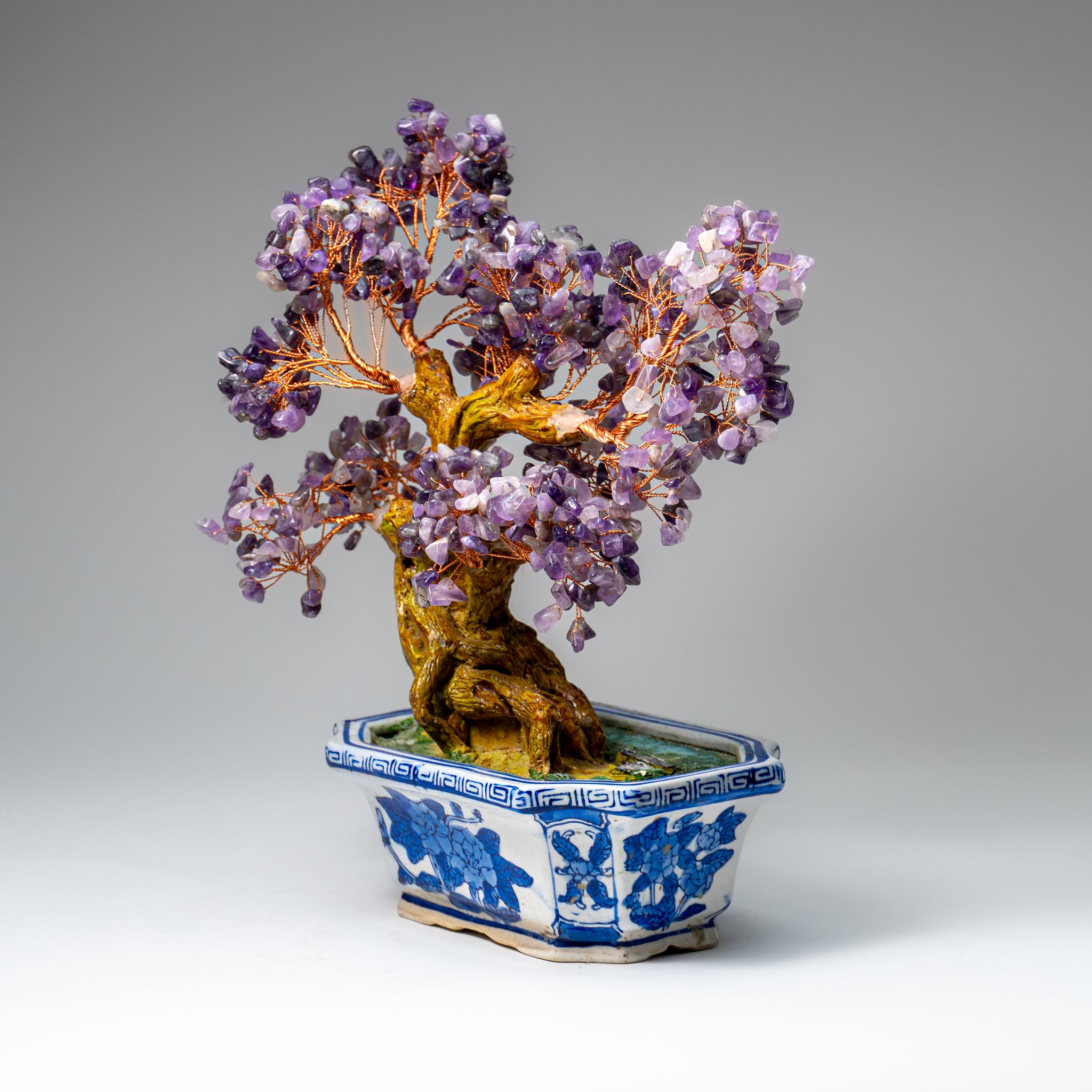 Genuine Amethyst Gemstone Bonsai Tree in Ceramic Pot (10.5” Tall)