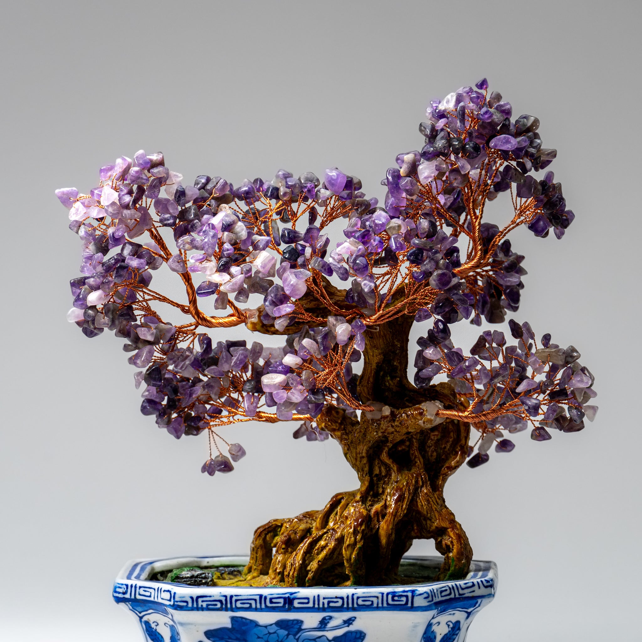 Genuine Amethyst Gemstone Bonsai Tree in Ceramic Pot (10.5” Tall)