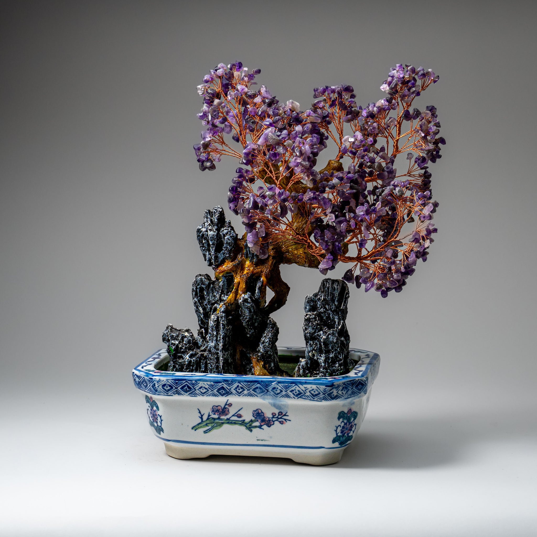 Genuine Amethyst Gemstone Bonsai Tree in Square Ceramic Pot (15” Tall)