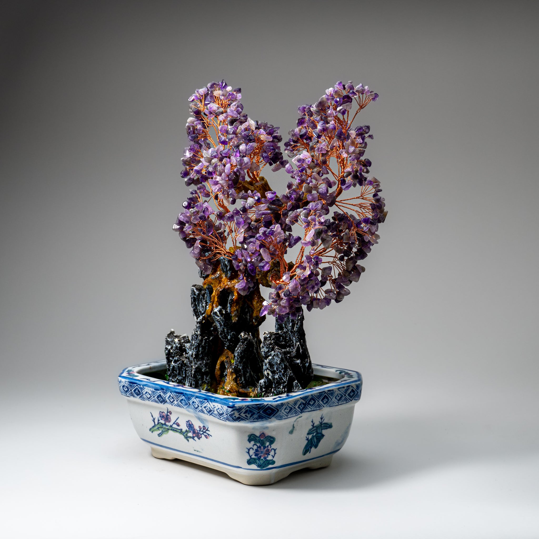 Genuine Amethyst Gemstone Bonsai Tree in Square Ceramic Pot (15” Tall)