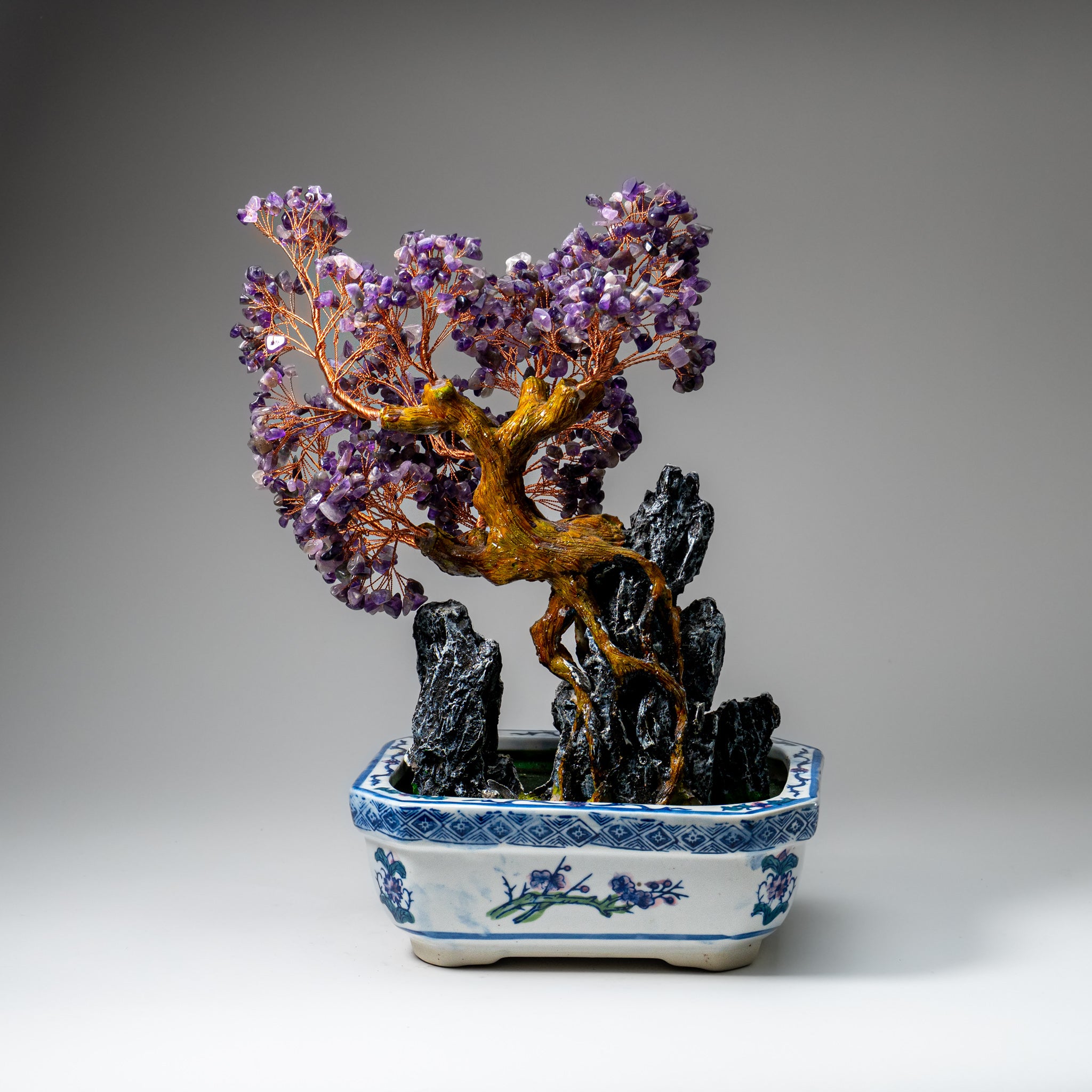 Genuine Amethyst Gemstone Bonsai Tree in Square Ceramic Pot (15” Tall)