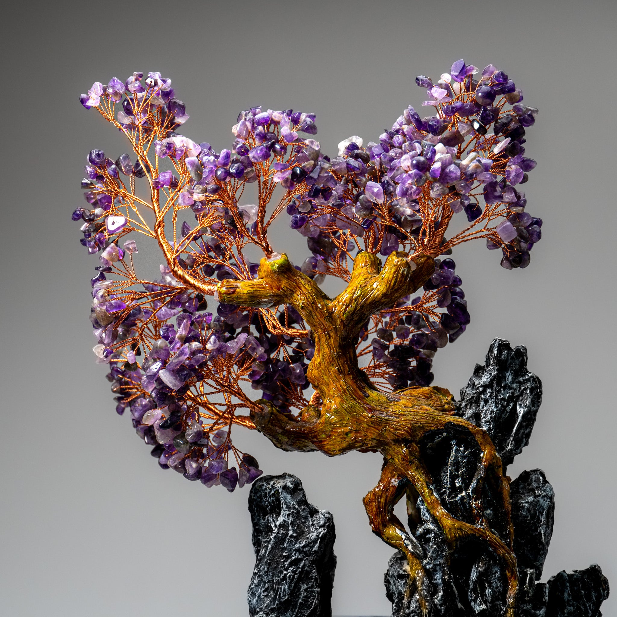 Genuine Amethyst Gemstone Bonsai Tree in Square Ceramic Pot (15” Tall)