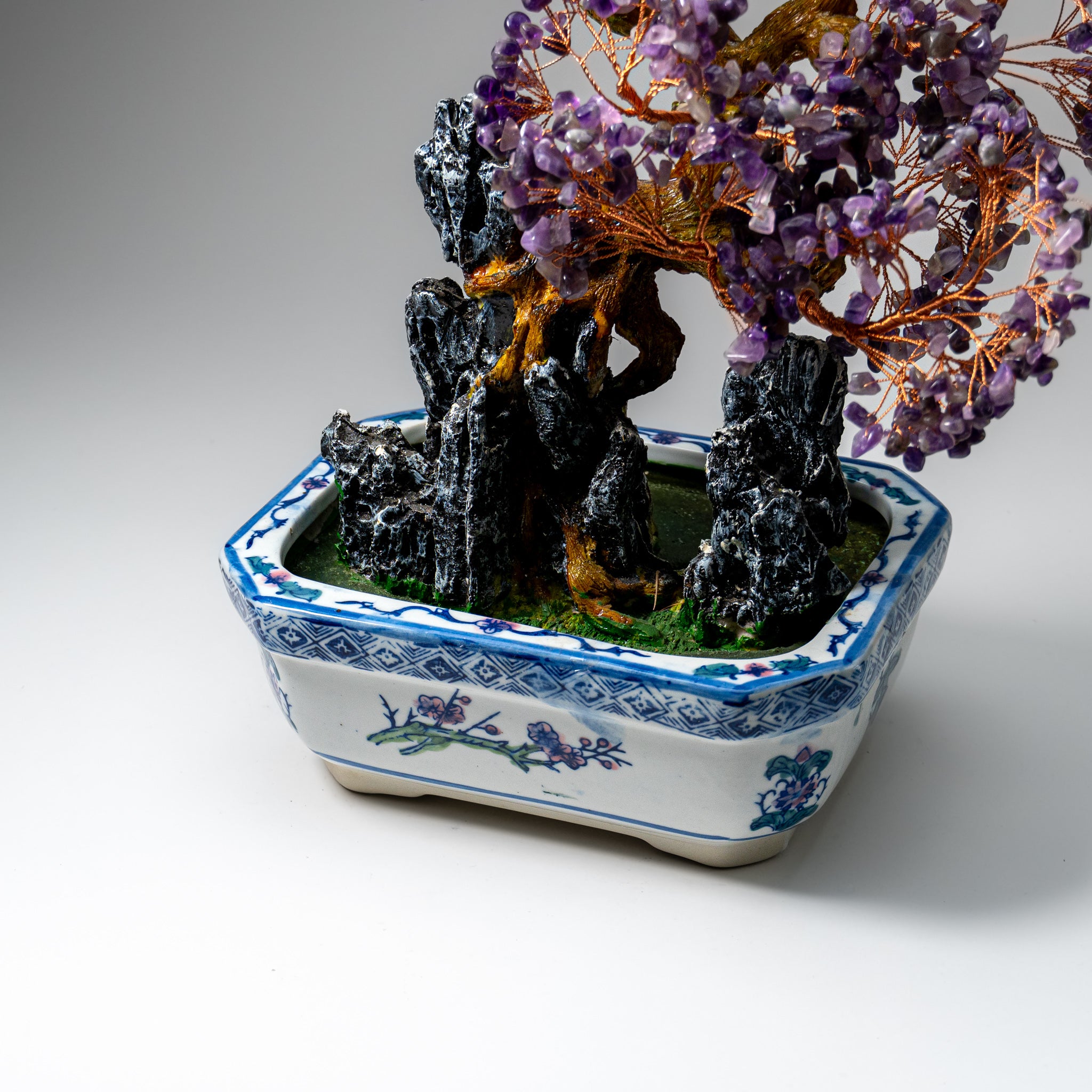 Genuine Amethyst Gemstone Bonsai Tree in Square Ceramic Pot (15” Tall)