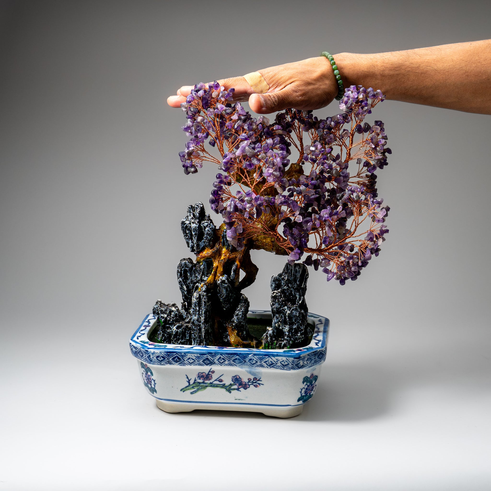 Genuine Amethyst Gemstone Bonsai Tree in Square Ceramic Pot (15” Tall)