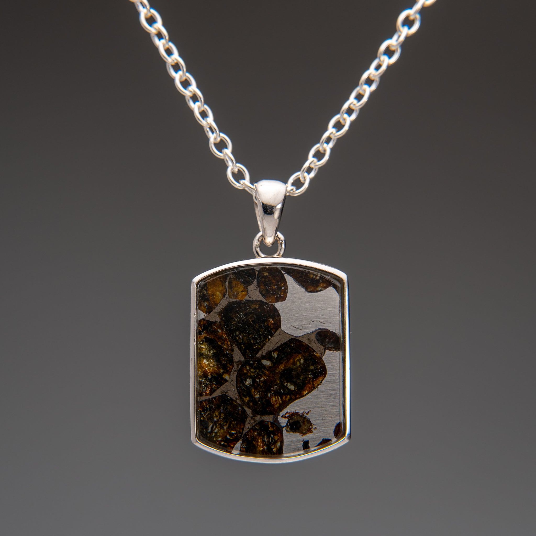 Sericho Pallasite Meteorite Square Pendant (4.4 grams) with 18" Sterling Silver Chain