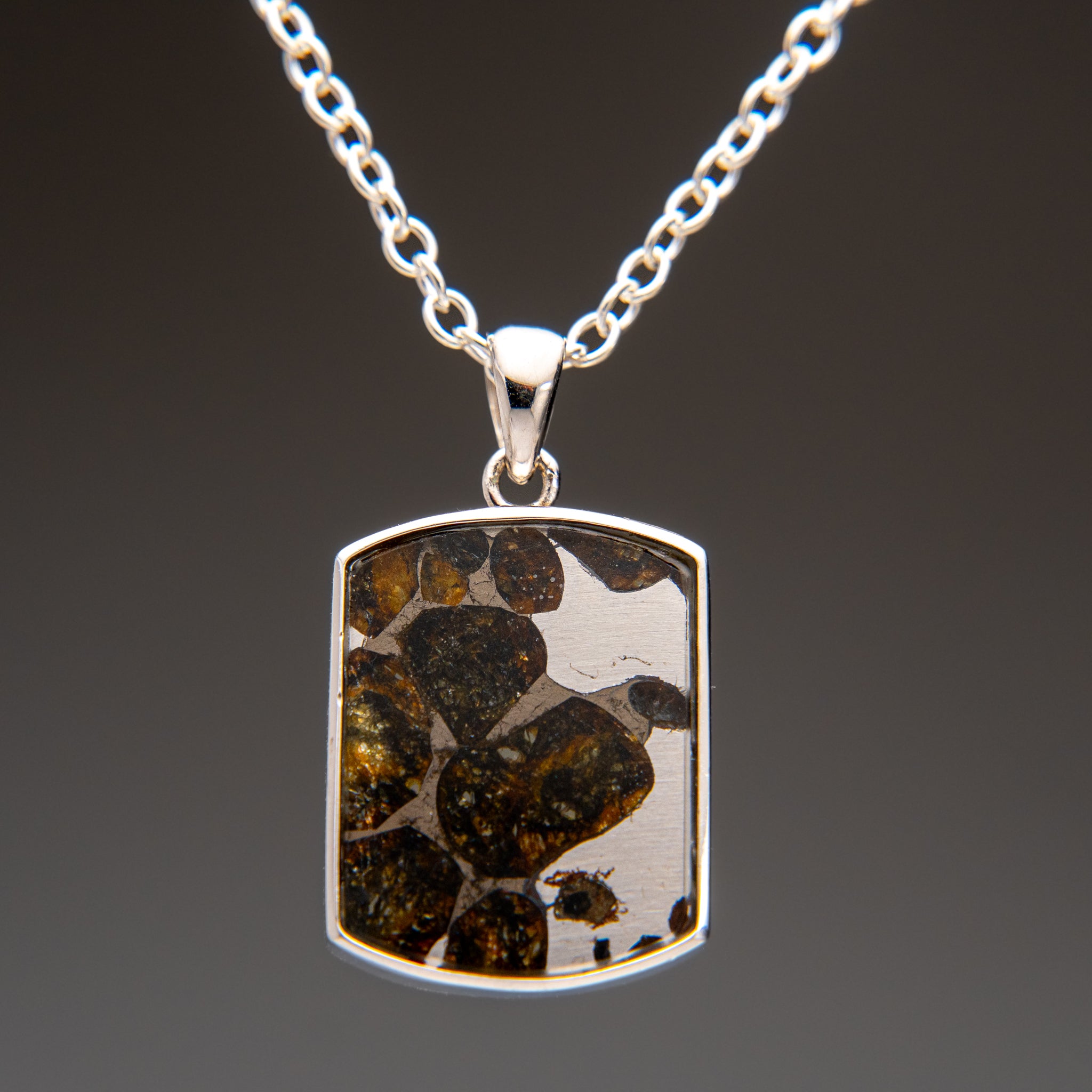 Sericho Pallasite Meteorite Square Pendant (4.4 grams) with 18" Sterling Silver Chain