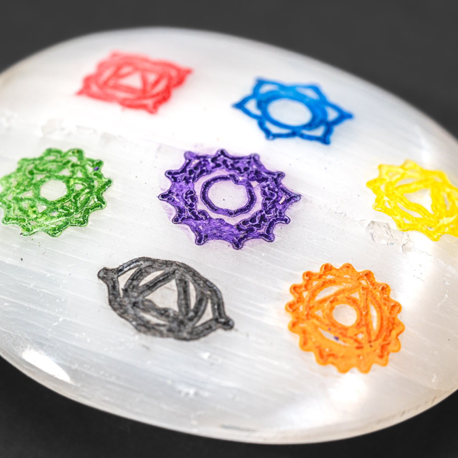 Genuine Selenite Palm Stone with 7 Chakra