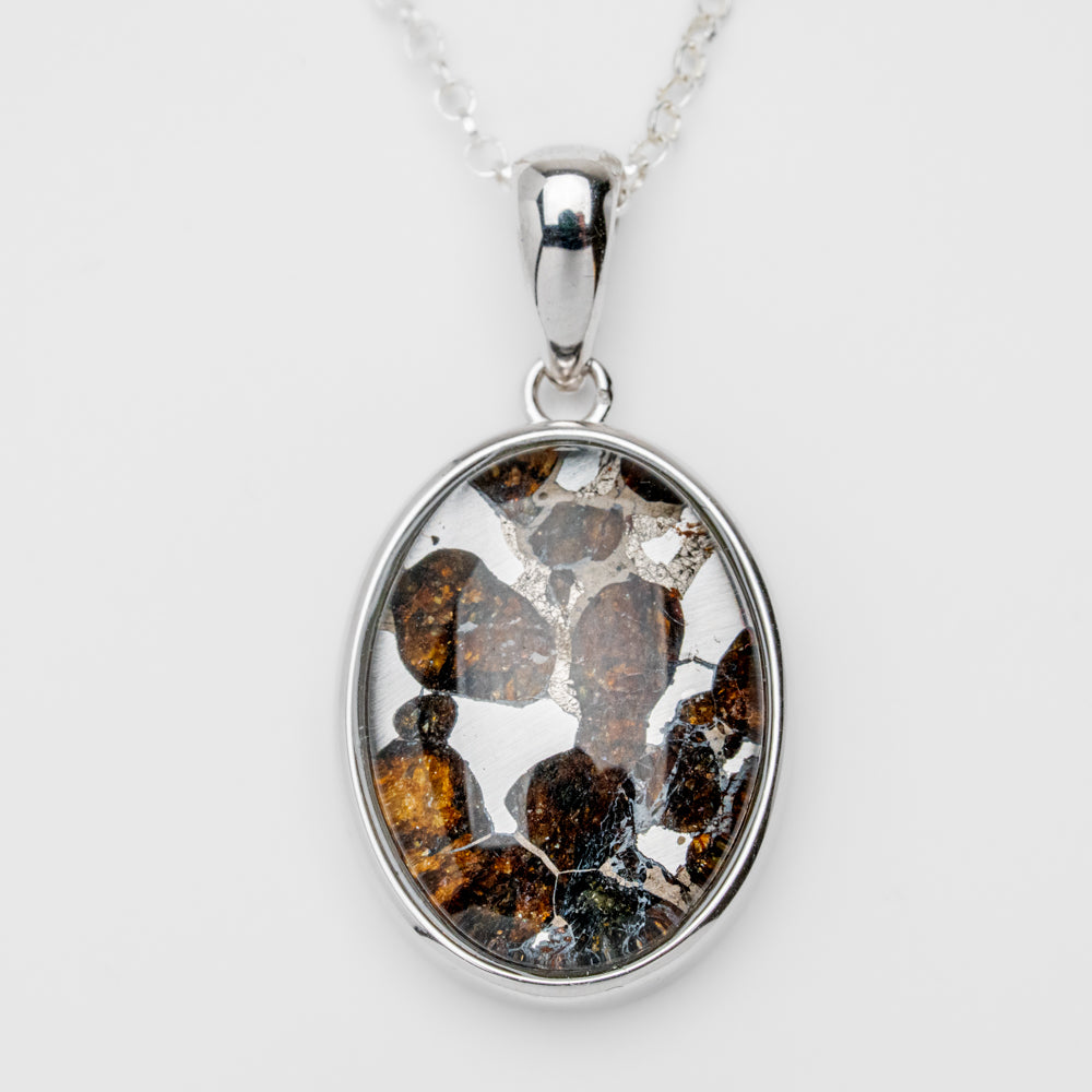 Sericho Pallasite Meteorite Oval Pendant with 18" Sterling Silver Chain