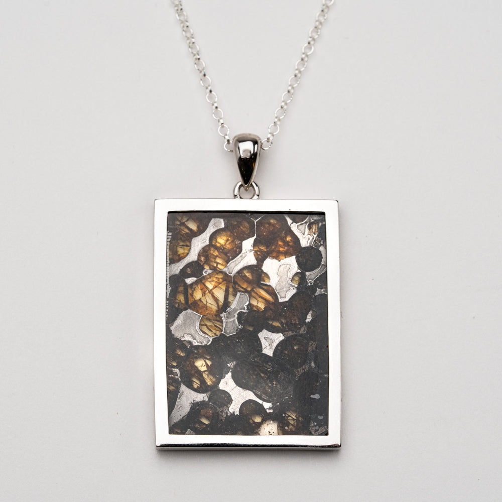 Sericho Pallasite Meteorite Square Pendant with 18" Sterling Silver Chain