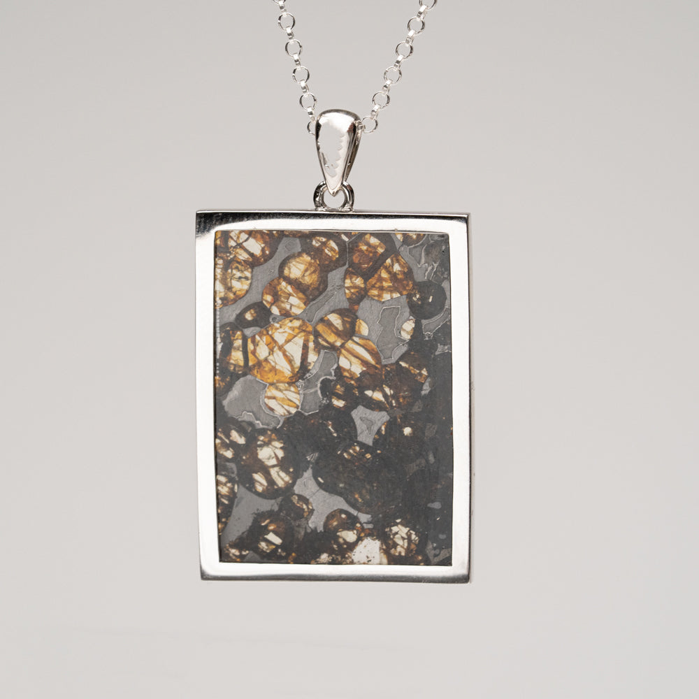 Sericho Pallasite Meteorite Square Pendant with 18" Sterling Silver Chain